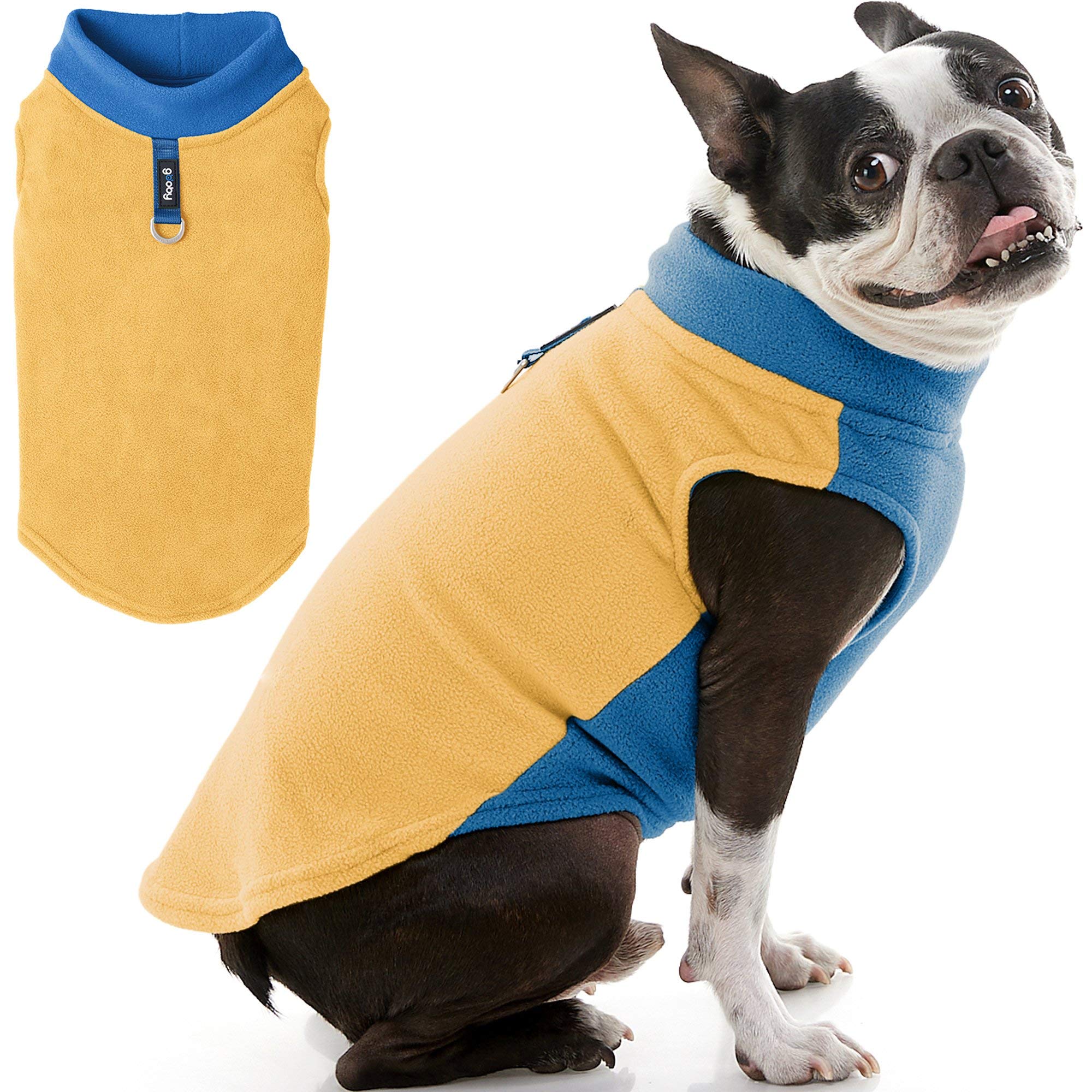 Gooby Half Stretch Fleece Vest Dog Sweater - Honey Mustard, Small - Warm Pullover Fleece Jacket with D-Ring Leash for Small Dogs - Winter Dog Coat for Cold Weather - Perfect for Outdoor Walks, Park Visits and Indoor Comfort