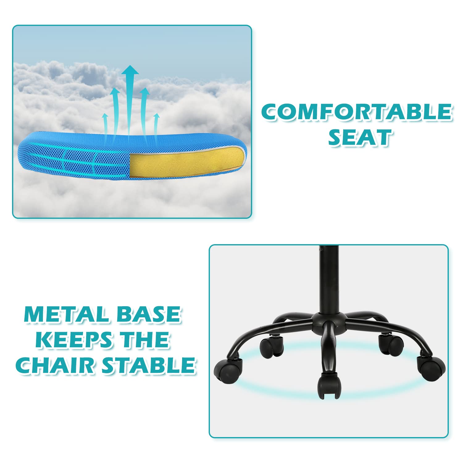 Ergonomic Armless Rolling Office Chair - Small Swivel Desk Chair with Wheels for Home Office, Computer Work, Sewing & Task Chairs - Comfortable Blue Stool for Adults (Ideal for Small Spaces & Compact Workstations)