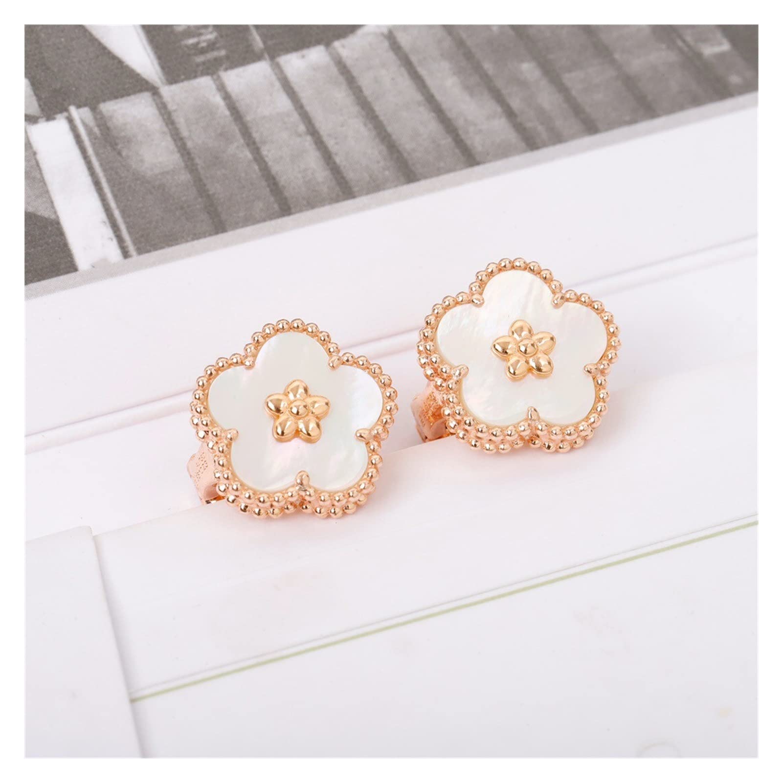 SHUBIAO Rose Gold Natural Gemstone Flower Stud Earrings for Women - Elegant Lucky Charm Jewelry Set for Daily Wear, Parties & Gifts