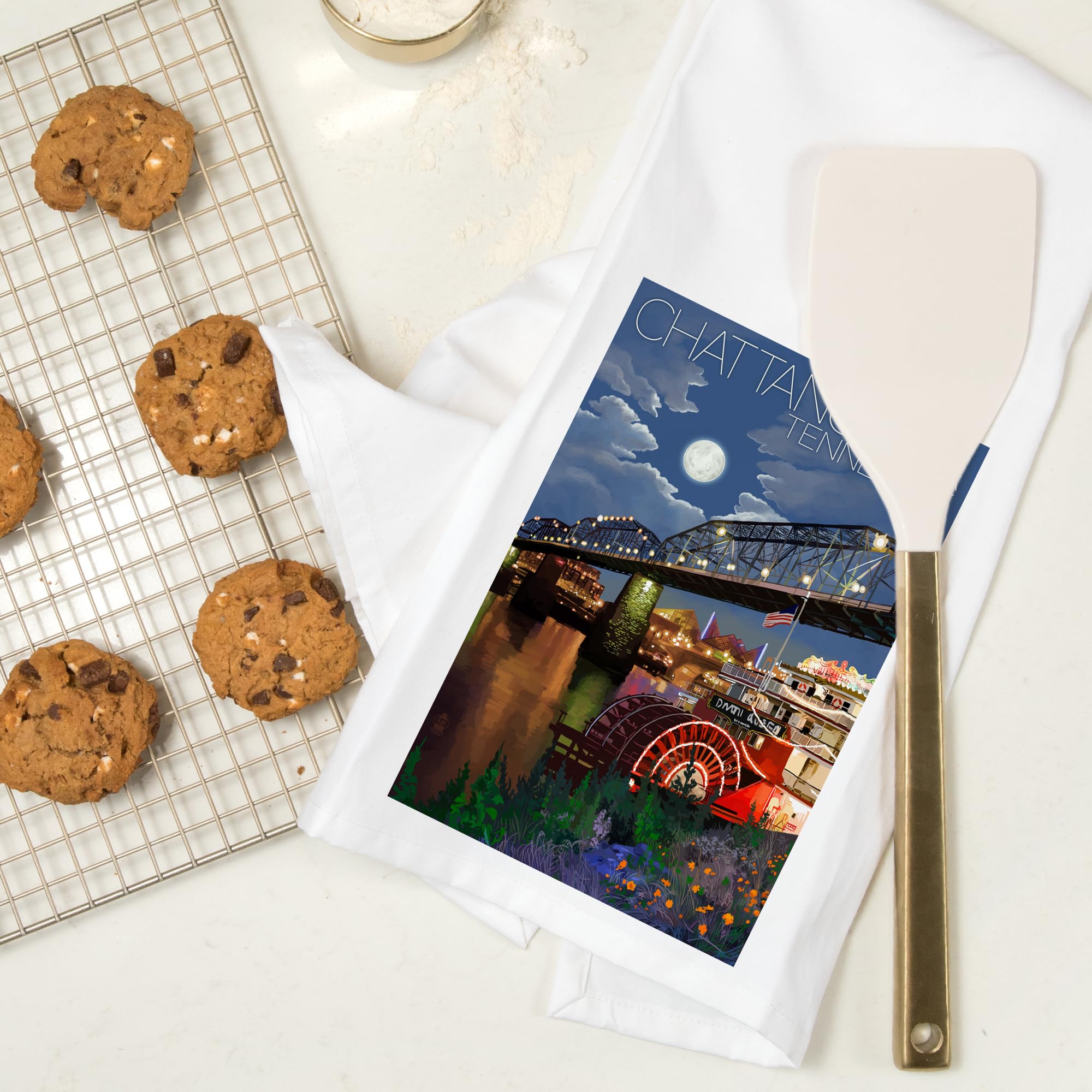 Lantern Press Chattanooga Tennessee Skyline at Night - 100% Cotton Tea Towel, Decorative Hand Towel for Kitchen & Home - Perfect for Dish Drying, Wall Decor & Gift Giving