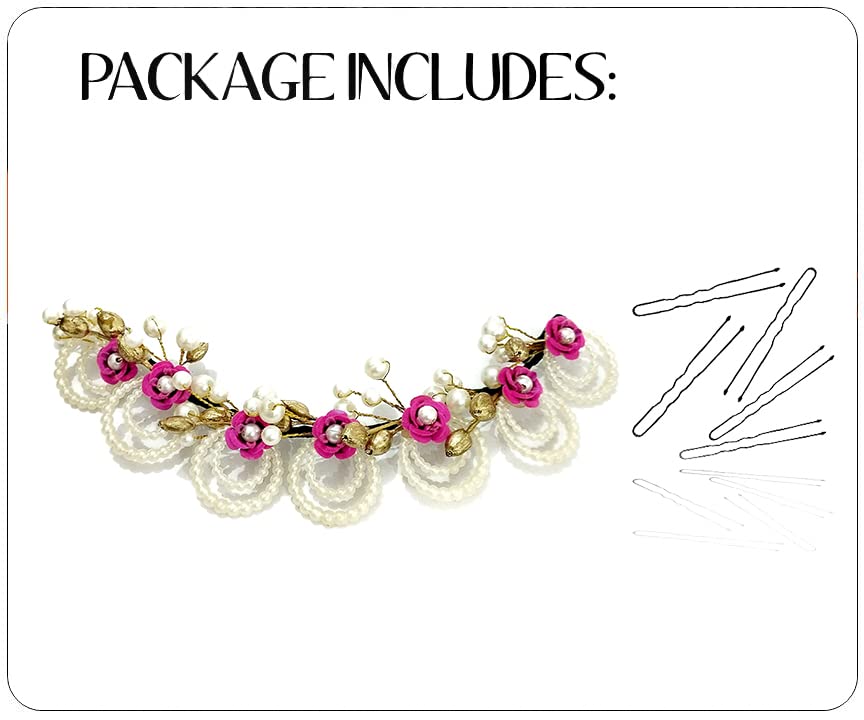 Elegant Peacock Feather Hair Clip with Artificial Flowers & Pearls - Bridal Hair Accessories for Women & Girls - Dark Pink (2419) | Perfect for Weddings, Parties & Special Occasions