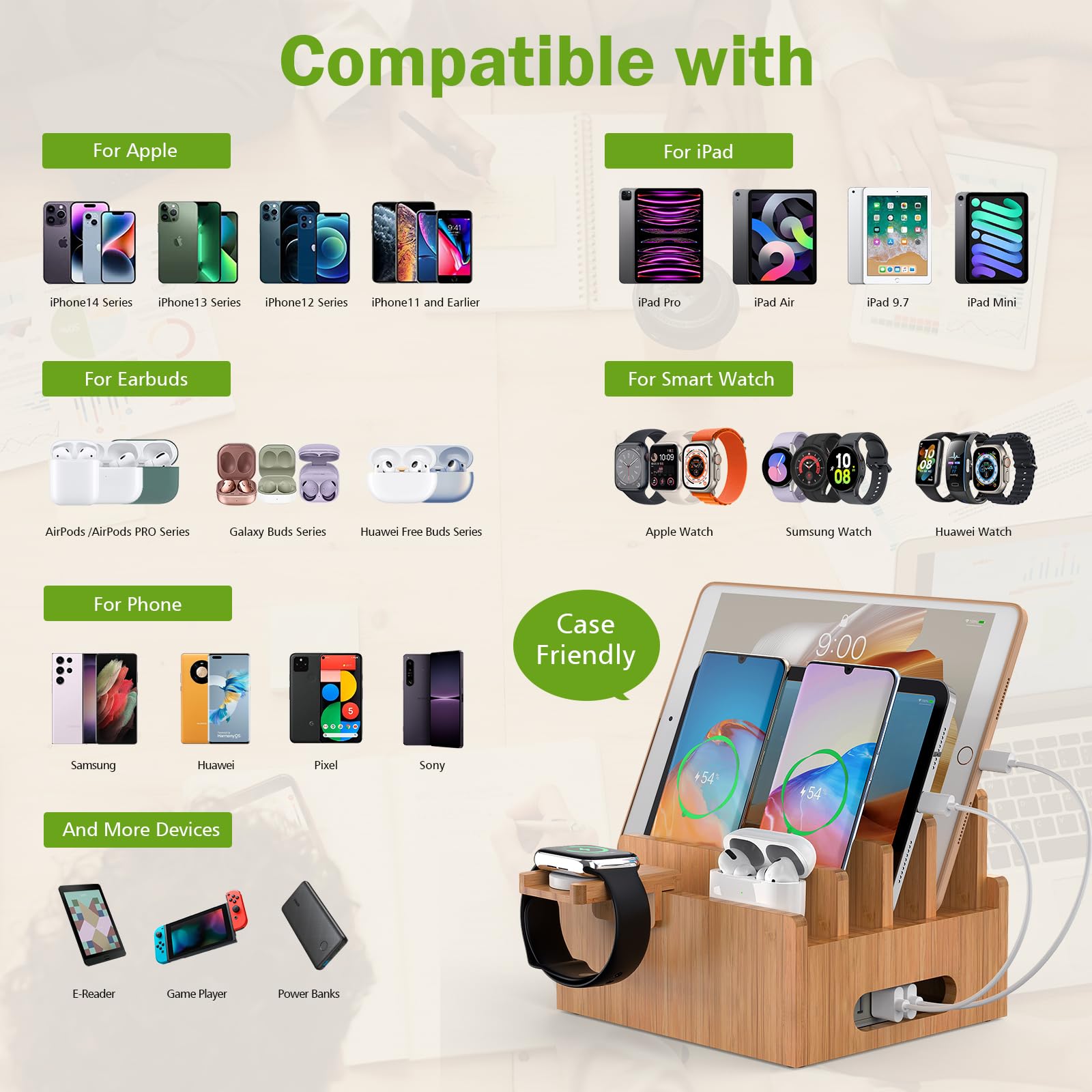 Pezin & Hulin Bamboo Charging Stand - Multi-Device Dock Organizer for iPhone, Android Phone, Tablet & Smart Watch - Includes 5 Charging Cables (No Power Adapter) - Perfect for Home, Office & Nightstand Organization