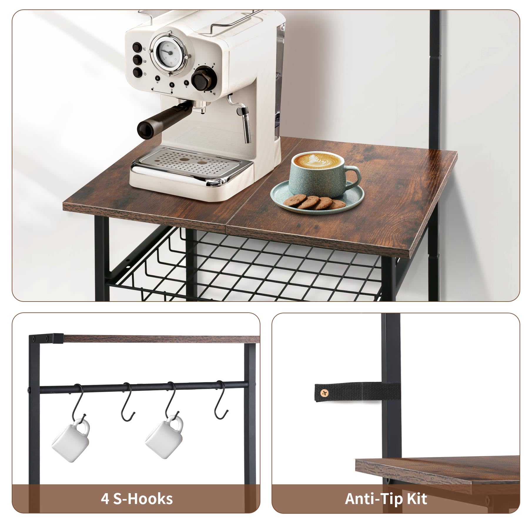 5-Tier Small Coffee Bar Station with Pullout Wire Basket - Compact Corner Coffee Cart for Kitchen, Living Room & Small Spaces - Perfect Mini Narrow Bakers Rack for Home, Office or Dorm Use