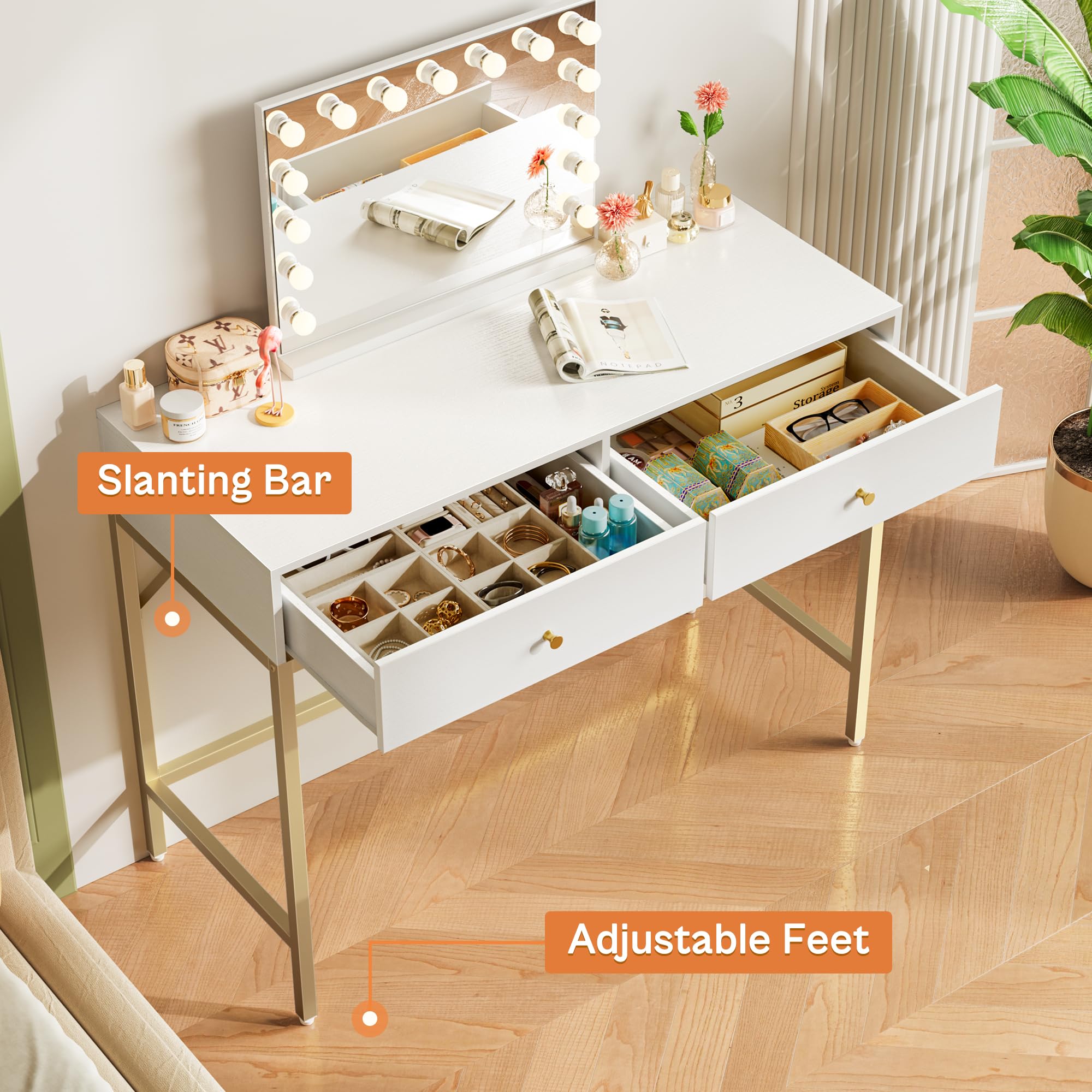 SUPERJARE 39.4 Inch White and Gold Modern Vanity Desk with 2 Drawers - Small Computer Desk for Home Office, Writing, Study | Perfect for Bedroom, Makeup Station & Workspace