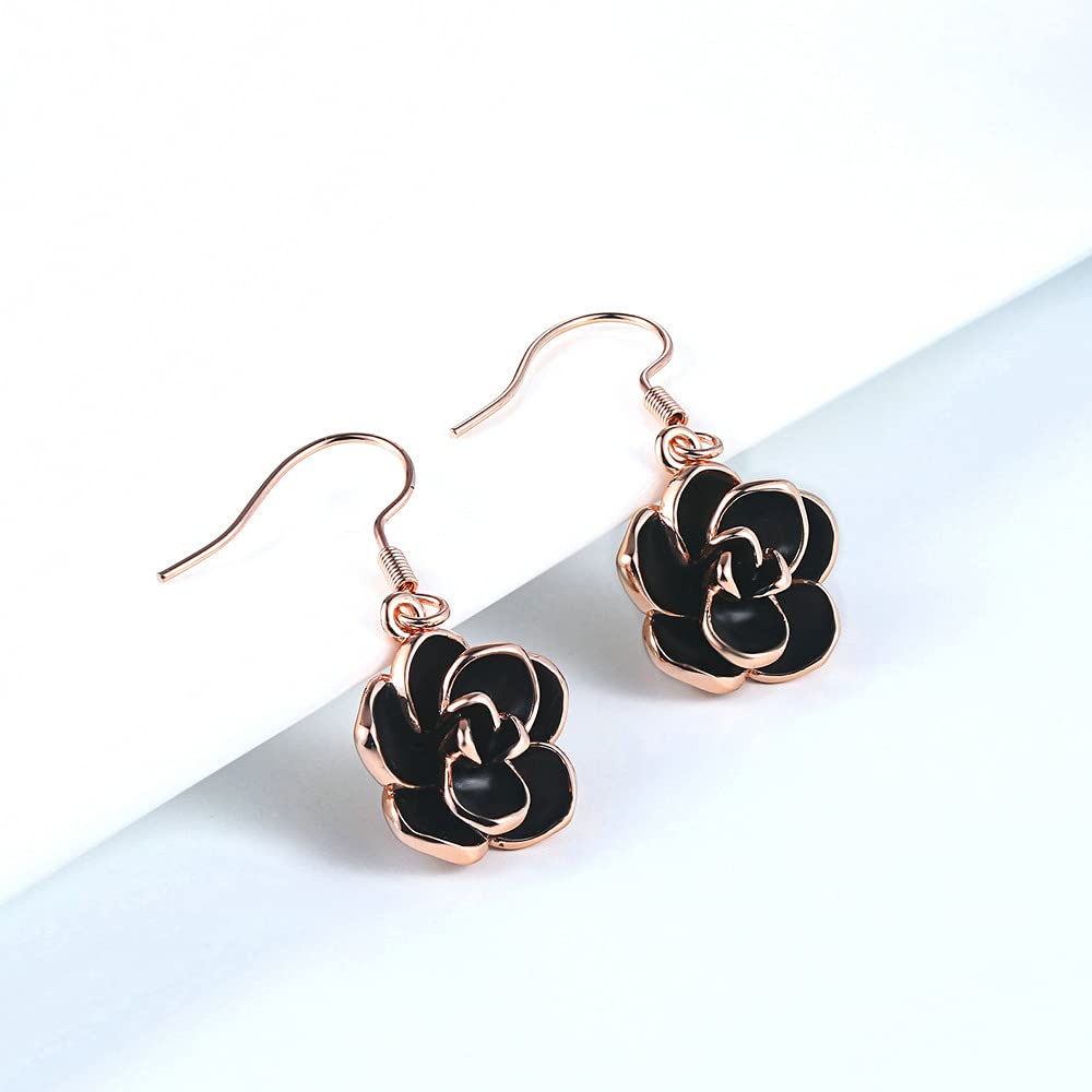 18K Rose Gold Plated Black Rose Flower Hook Earrings for Women - Elegant Dangle Earrings for Party, Wedding & Evening Occasions