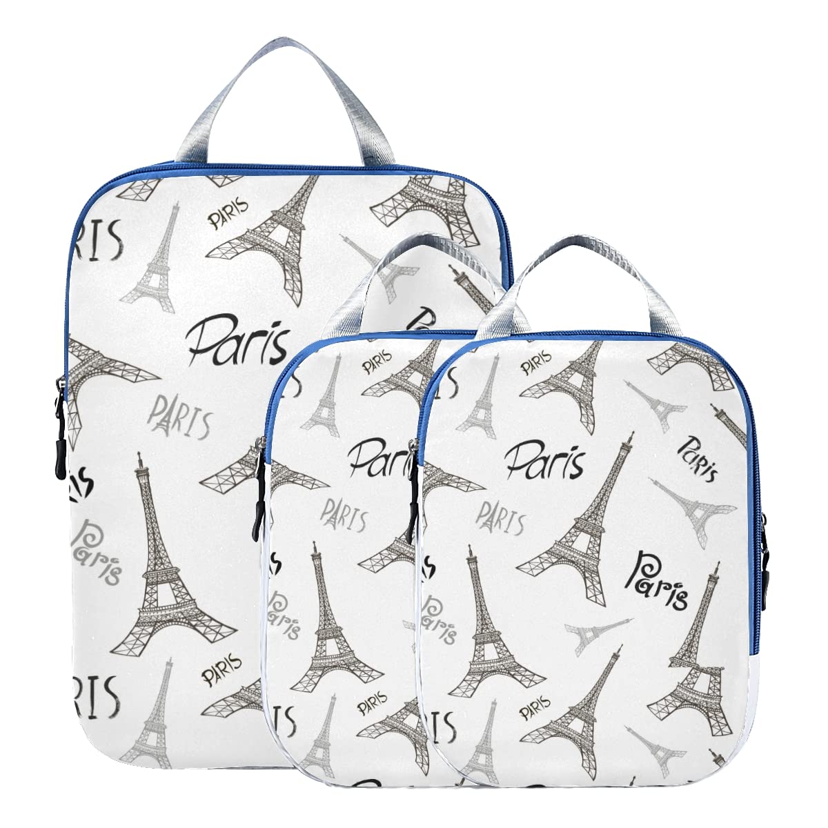 MNSRUU Packing Cubes Set - 3PC Eiffel Tower White Compression Travel Organizer for Luggage & Suitcases | Space-Saving Foldable Packing Bags for Vacation, Business Trips & Weekend Getaways