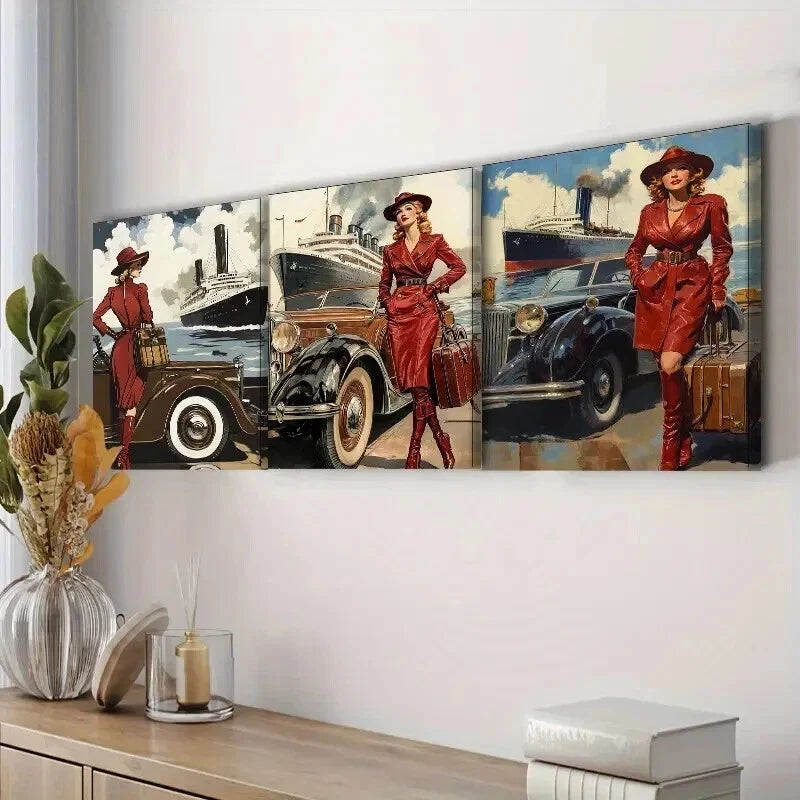 3-Piece Retro Modern Girl Wall Art Set - Framed Canvas 50x70cm (20x28in) - High Quality Print - 100% Australian Made - Ready to Hang - Perfect for Living Room, Bedroom & Office Decor
