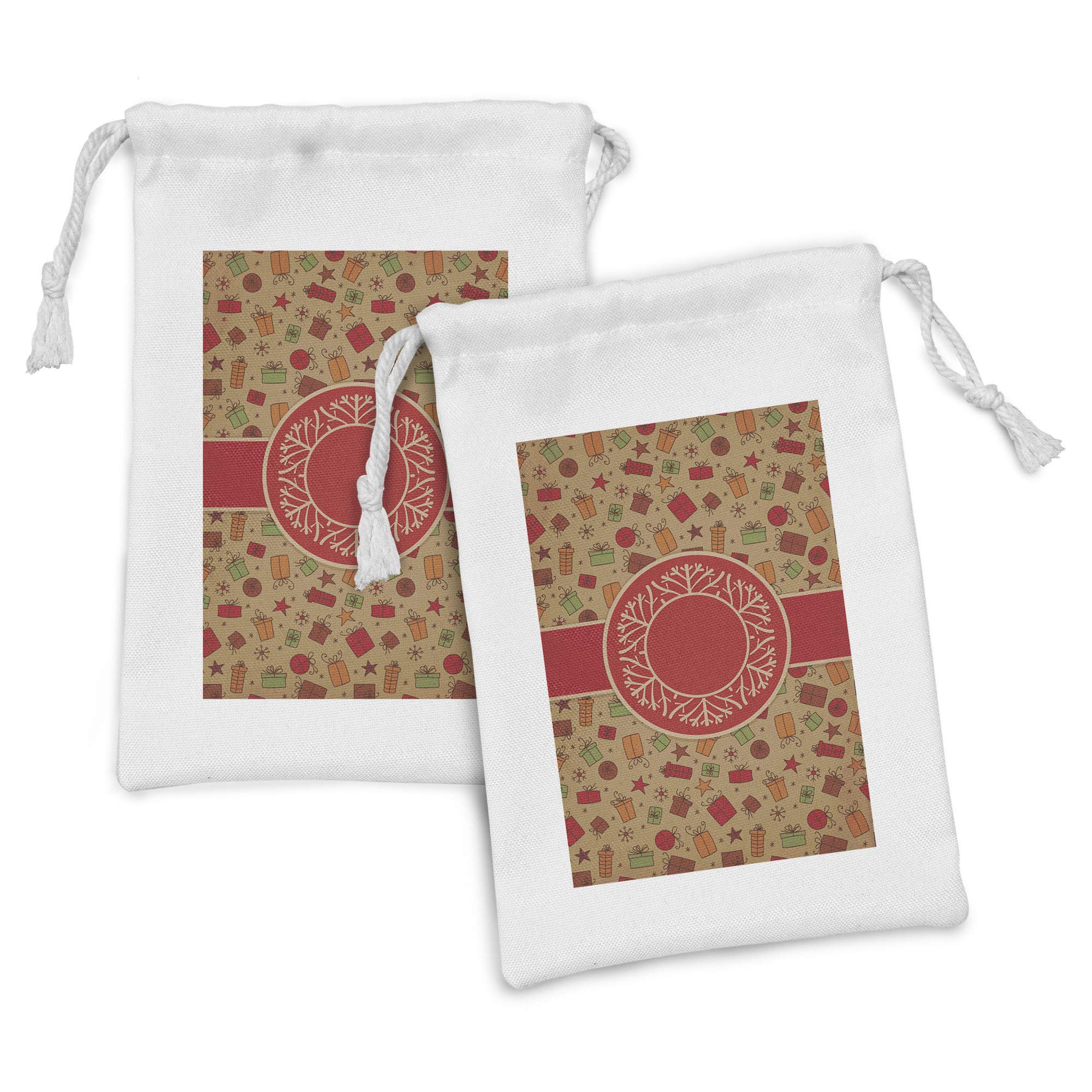 Ambesonne Christmas Fabric Pouch Set of 2 - Vintage Holiday Design with Presents, Baubles & Snowflakes - 9