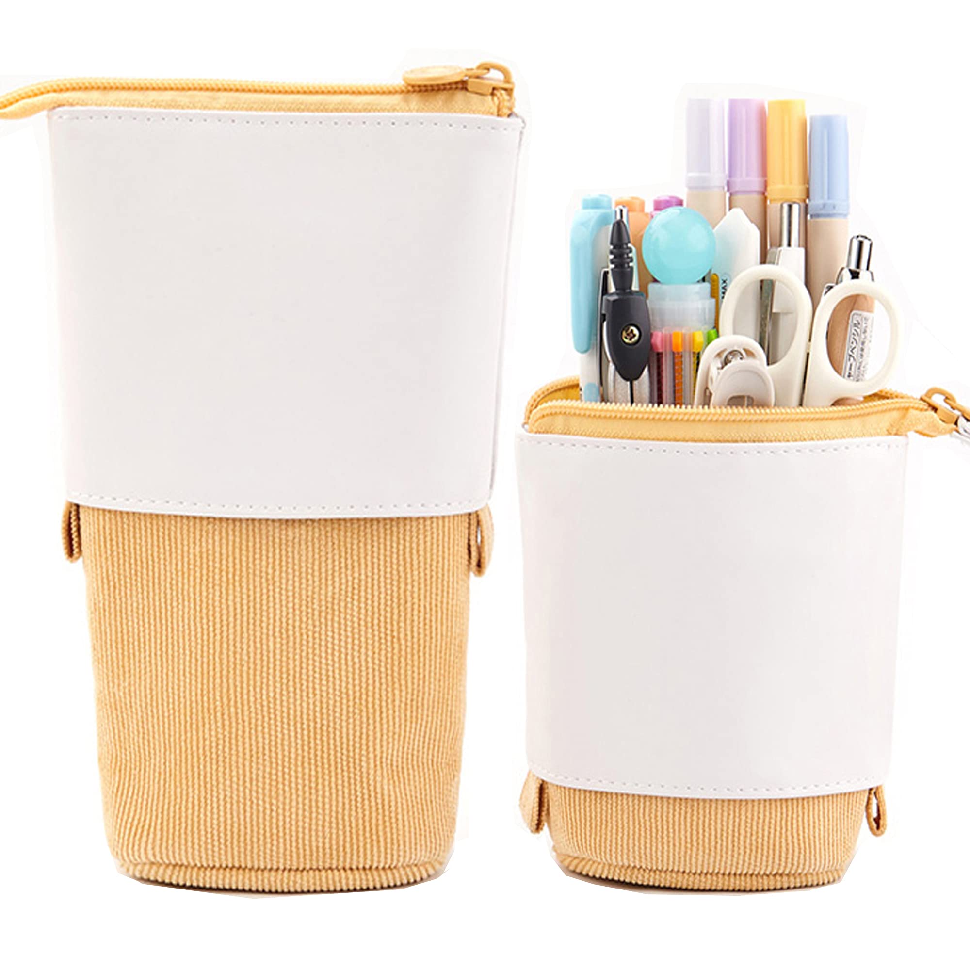 Retractable PU Corduroy Pencil Case - Expandable Pen Holder & Stationery Organizer for School, Office & Travel - Christmas Gift Idea (Yellow)