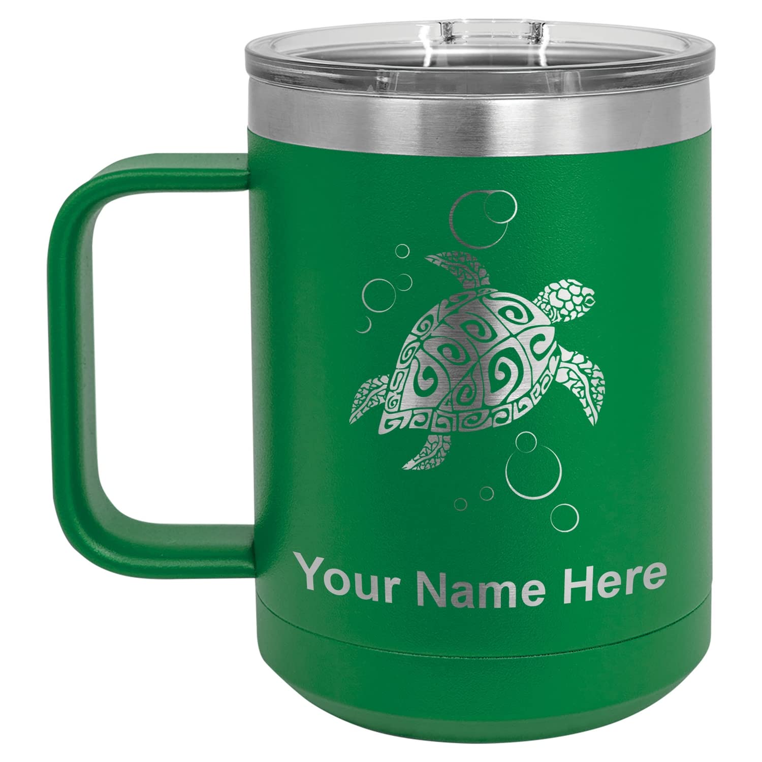 LaserGram 15oz Vacuum Insulated Stainless Steel Coffee Mug with Hawaiian Sea Turtle Design - Personalized Engraving Gift for Men Women - Keeps Drinks Hot Cold for Hours - Perfect for Office, Travel, Camping (Green)