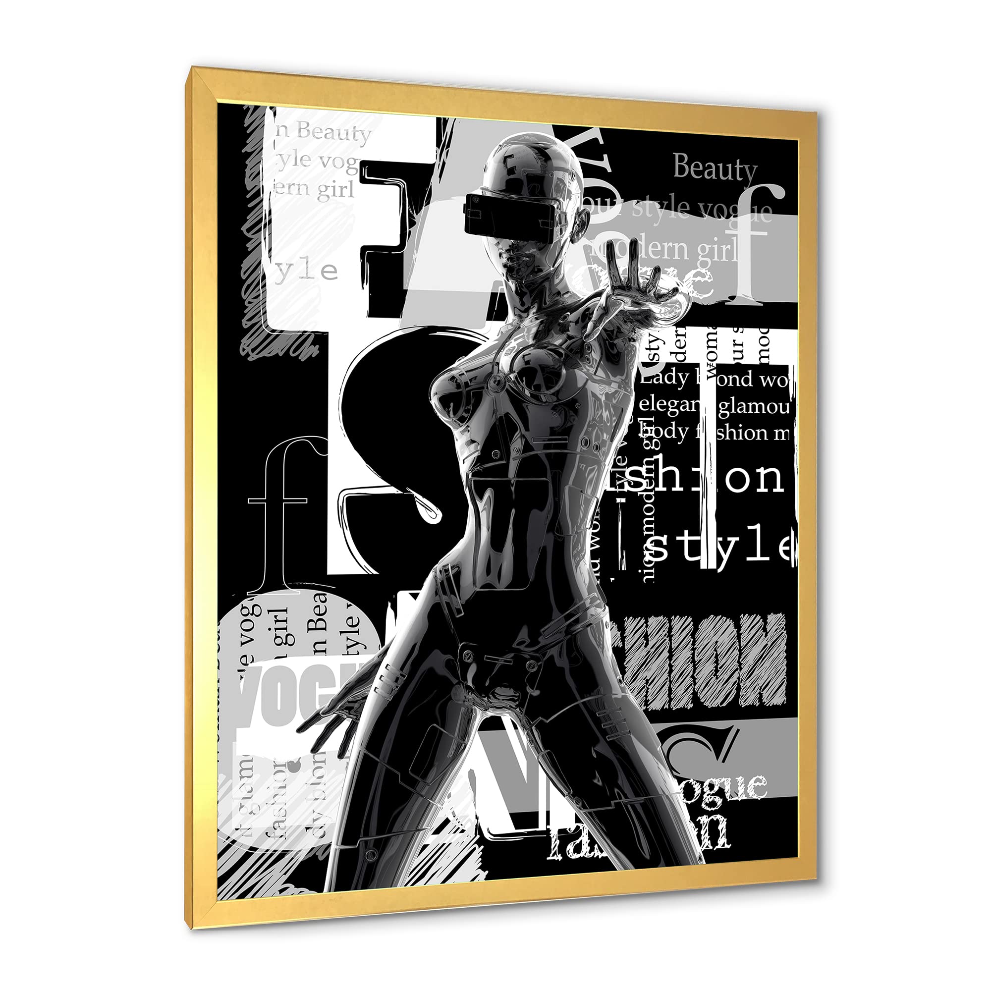 DesignQ Monochrome Cyborg Body II Modern Framed Wall Art - Futuristic Home & Office Decor for Living Room, Bedroom, or Studio