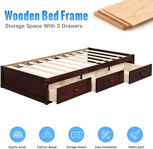 MERAX Twin Size Wood Platform Bed with 3 Storage Drawers & Wood Slat Support - No Box Spring Needed - Space-Saving Bedroom Furniture for Small Rooms & Apartments