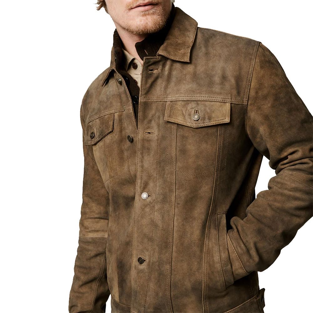 Premium Men's Suede Leather Bomber Jacket - Stylish Trucker Coat for Casual & Night Out | Winter Fashion Outerwear for Men