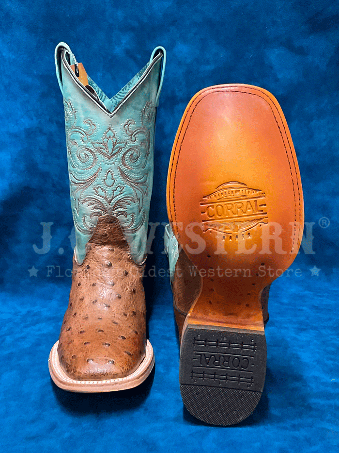 Corral B5006 Women's Tan Ostrich Embroidery Square Toe Western Boots - Perfect for Country Dancing, Rodeos & Western Fashion