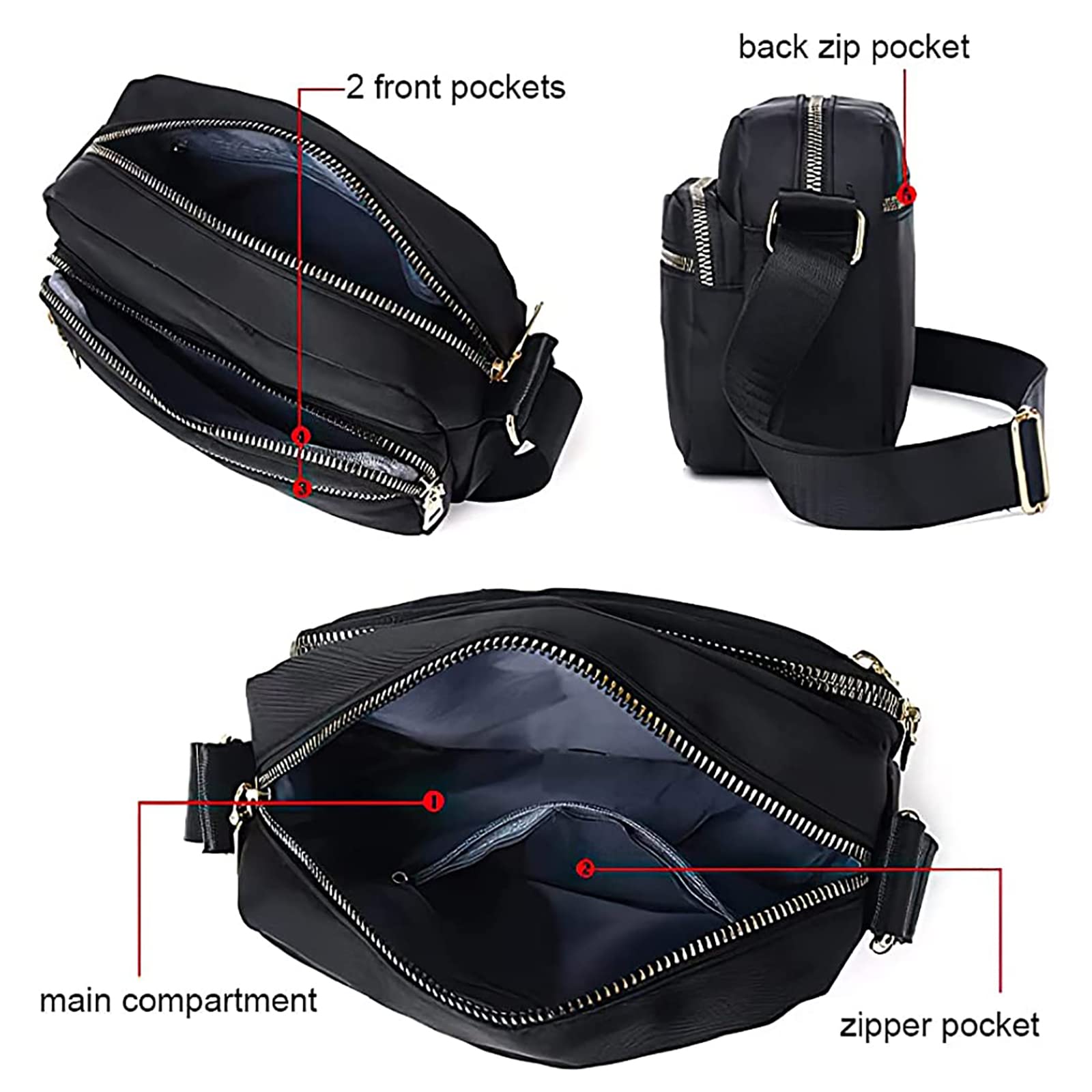 **KEYRI Women's Waterproof Nylon Crossbody Bag with 3 Zippered Compartments, Adjustable Wide Strap - Perfect for Travel, Shopping & Everyday Use**