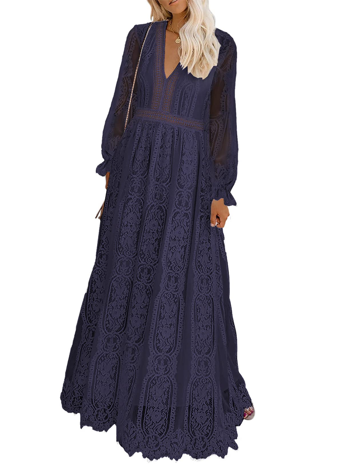 BLENCOT Women's Casual Boho Floral Lace V-Neck Long Evening Dress for Cocktail Party, Wedding Guest, Prom & Special Occasions | Elegant Maxi Dress with Flowy Silhouette