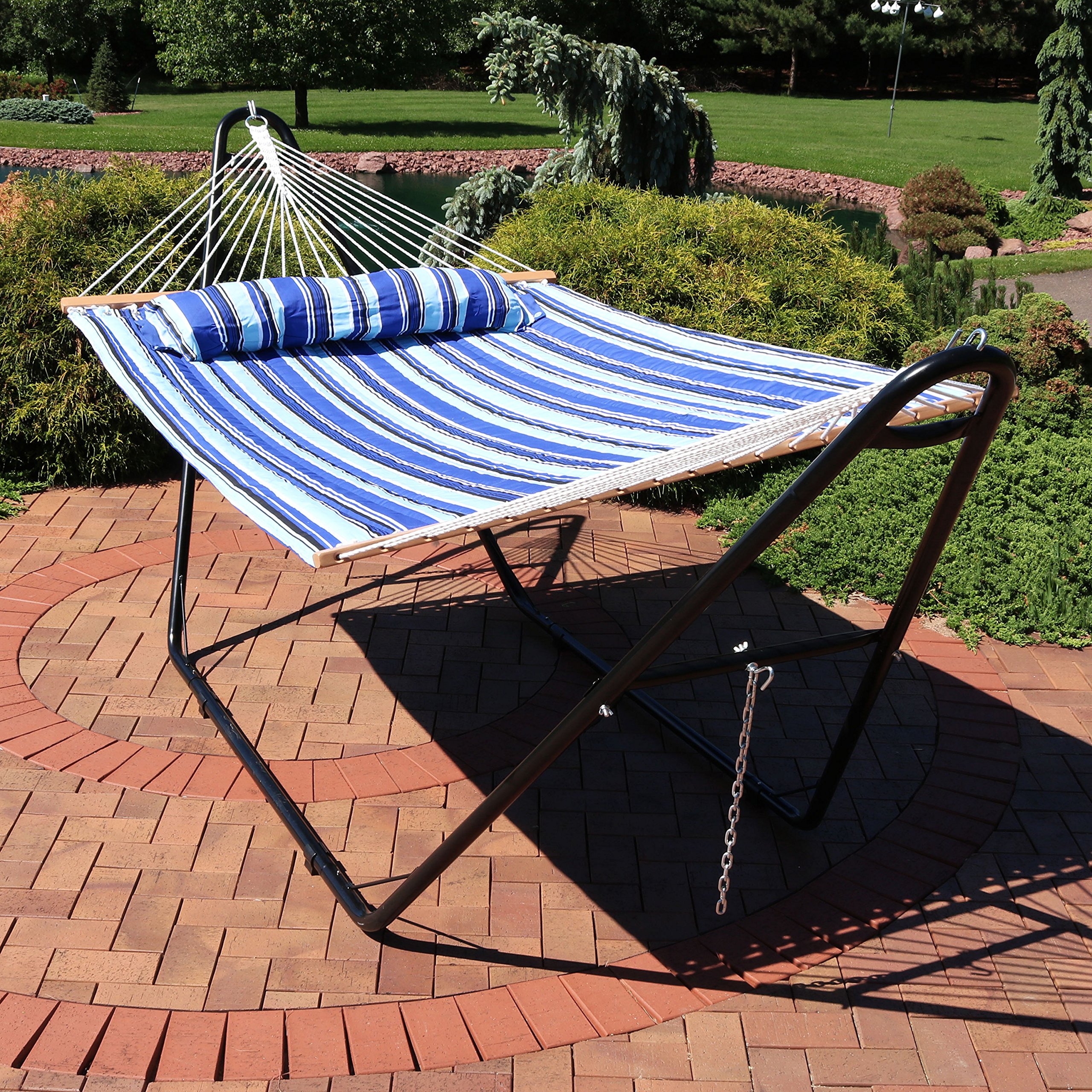 Sunnydaze Double Quilted Fabric Hammock with Universal Steel Stand - 450 lb Weight Capacity - Black - Catalina Beach Pattern - Perfect for Backyard, Patio, Poolside & Beach Relaxation
