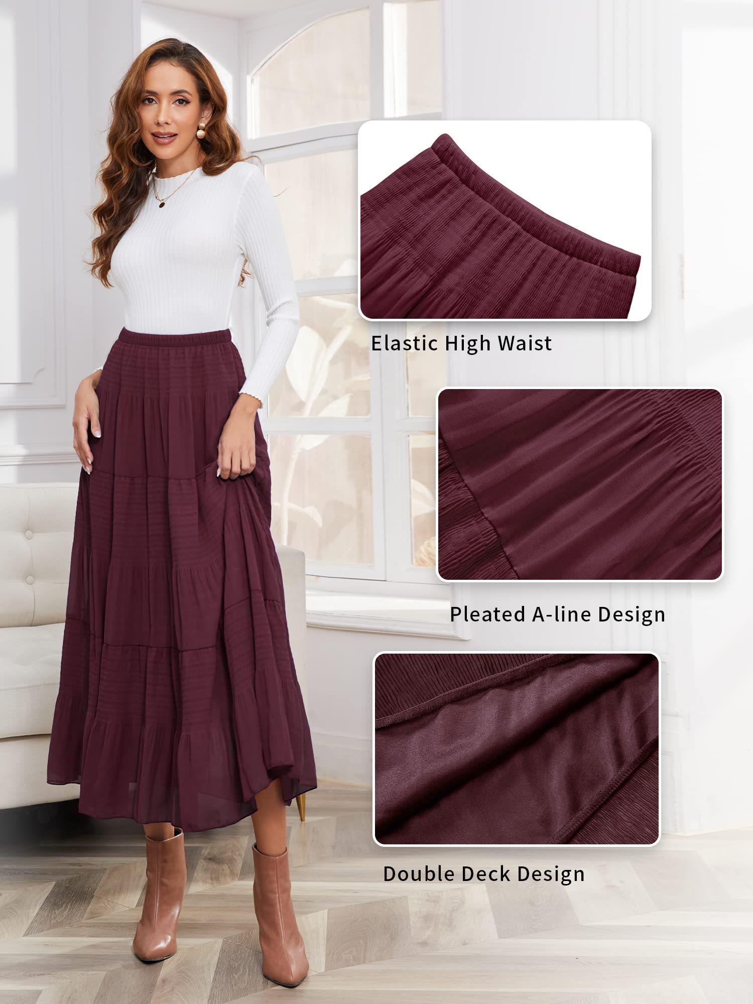 NASHALYLY Women's Chiffon Elastic High Waist Pleated A-Line Flared Maxi Skirt - Elegant Summer Beach Wedding Party Dress for Casual & Formal Occasions