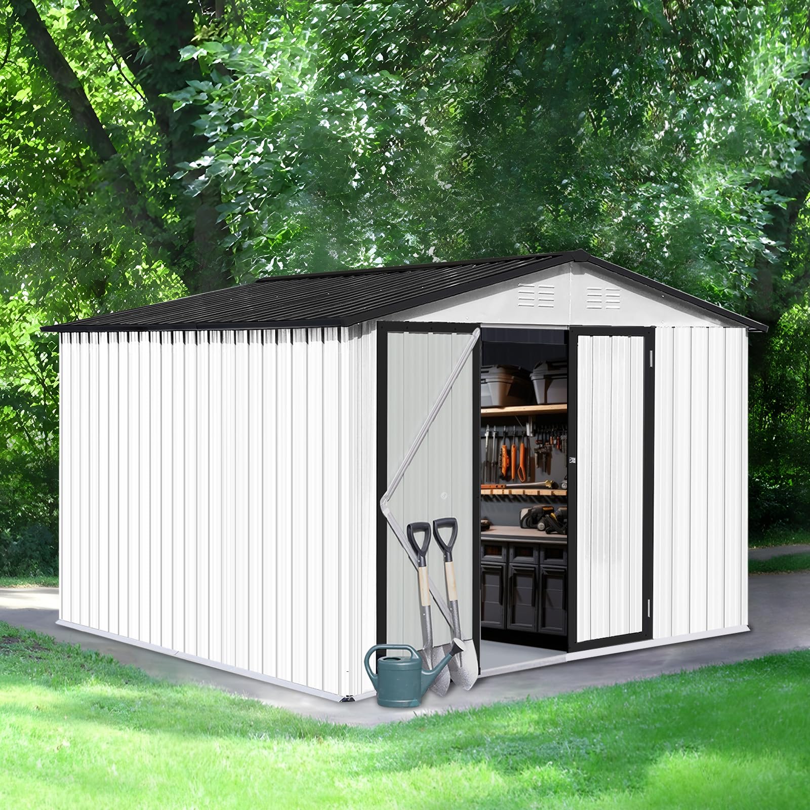 Lyromix Upgraded 10'×8' Metal Outdoor Storage Shed with Lockable Door - Waterproof Garden Tool Shed with Base Frame for Backyard, Patio & Lawn Equipment Storage - White & Black Design