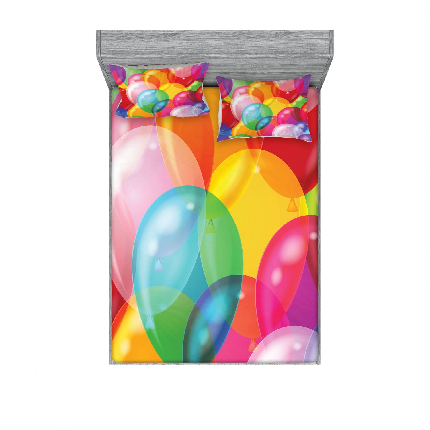 Ambesonne 2-Pack King Size Fitted Sheet Set with 4 Pillow Shams - Fun Balloon Pattern Multicolor Bedding Decor for Kids & Adults - Perfect for Birthday Parties, Nursery Rooms & Guest Bedrooms