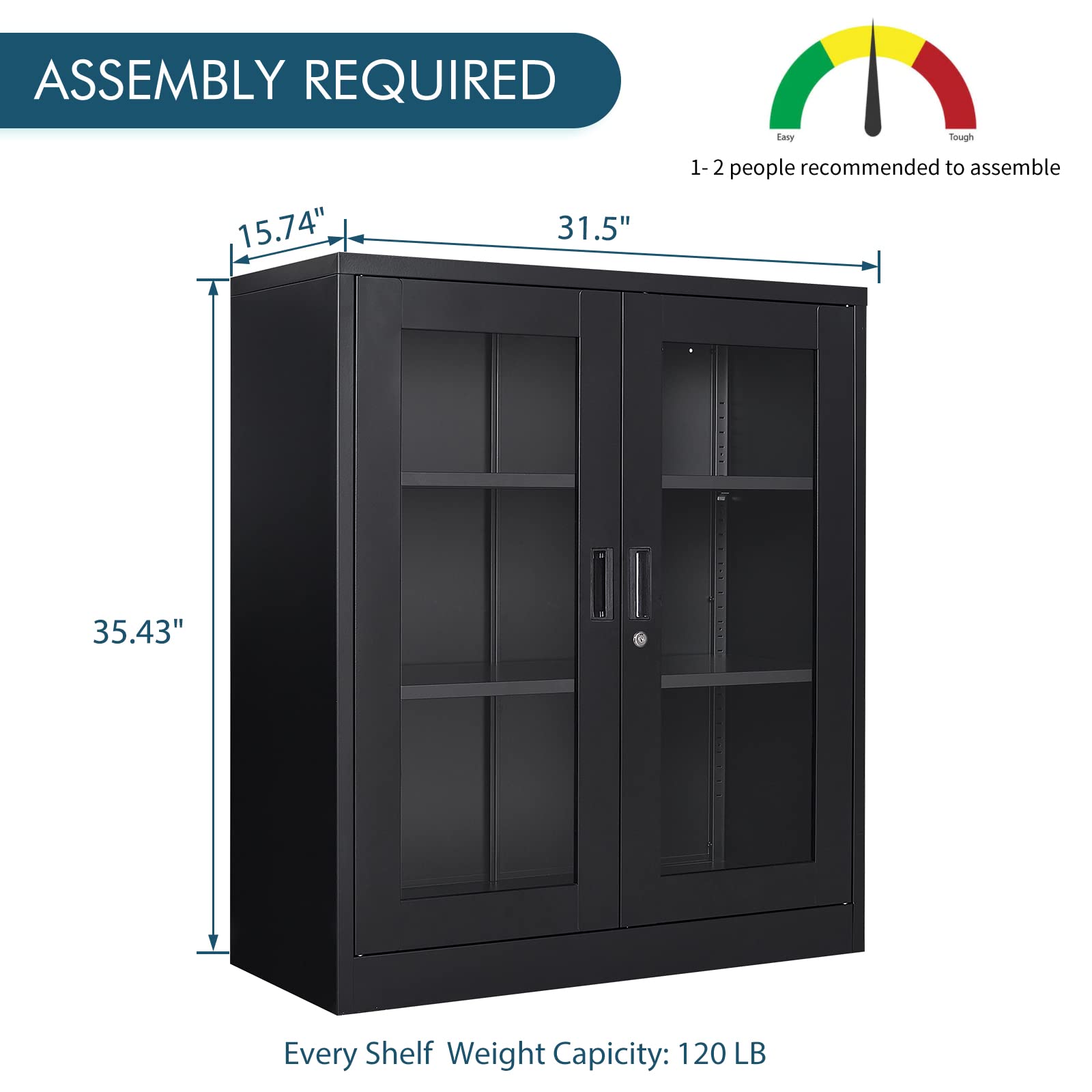 MIIIKO Metal Storage Cabinet with Glass Doors - Counter Height Display Cabinet with 2 Adjustable Shelves, Tempered Glass & Locking Mechanism - Perfect for Kitchen, Office, or Retail Store Display
