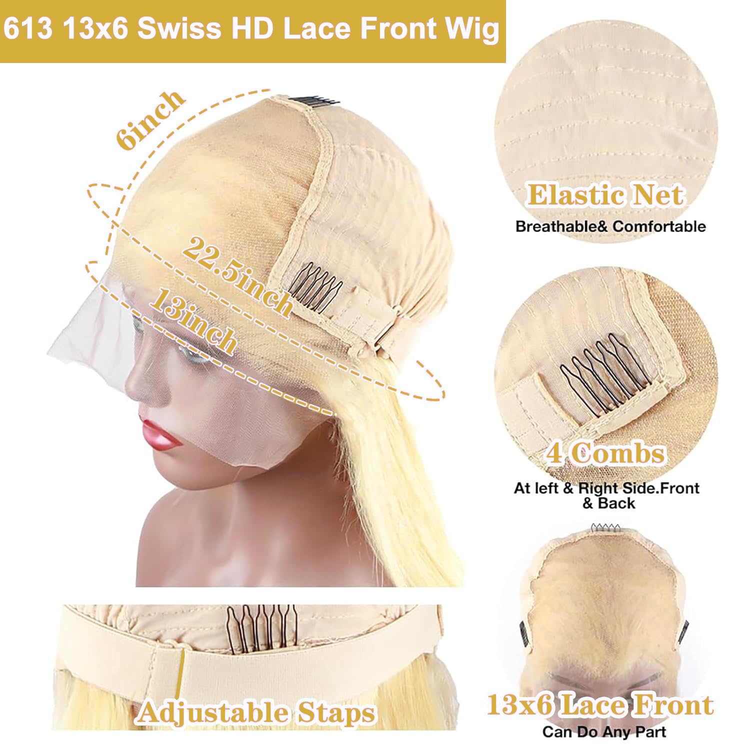 613 13x6 HD Lace Front Wig Human Hair - 32 Inch Straight Blonde Wigs for Women | Glueless Pre-Plucked Bleached Knots | Natural Look for Daily Wear, Parties & Special Occasions