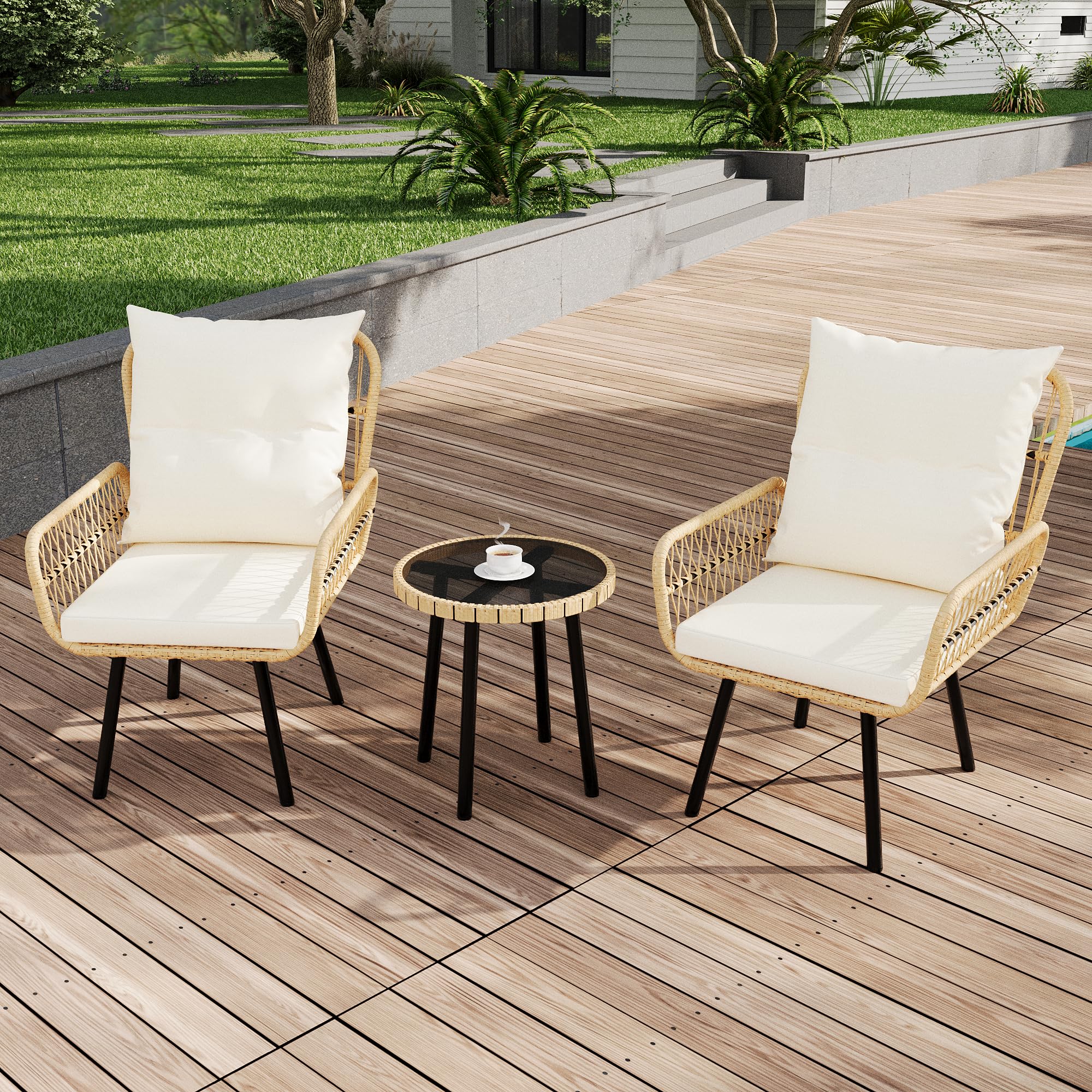GARVEE 3-Piece Outdoor Wicker Patio Bistro Set - All-Weather Rattan Conversation Set with Glass Top Coffee Table & Cushioned Chairs - Perfect for Poolside, Garden, Backyard, Balcony & Patio Decor - Beige