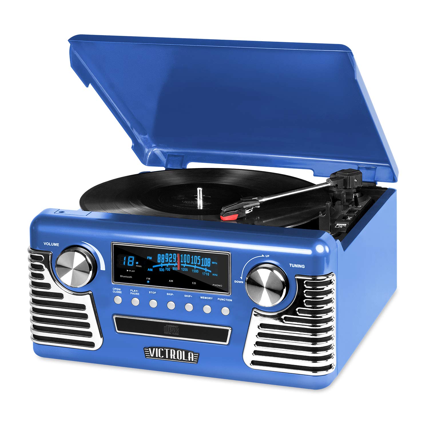 Victrola Vintage 50s Retro 3-Speed Bluetooth Turntable with Built-in Stereo Speakers & CD Player - Classic Blue Record Player for Vinyl Lovers | Perfect for Home Entertainment, Music Parties & Retro Decor