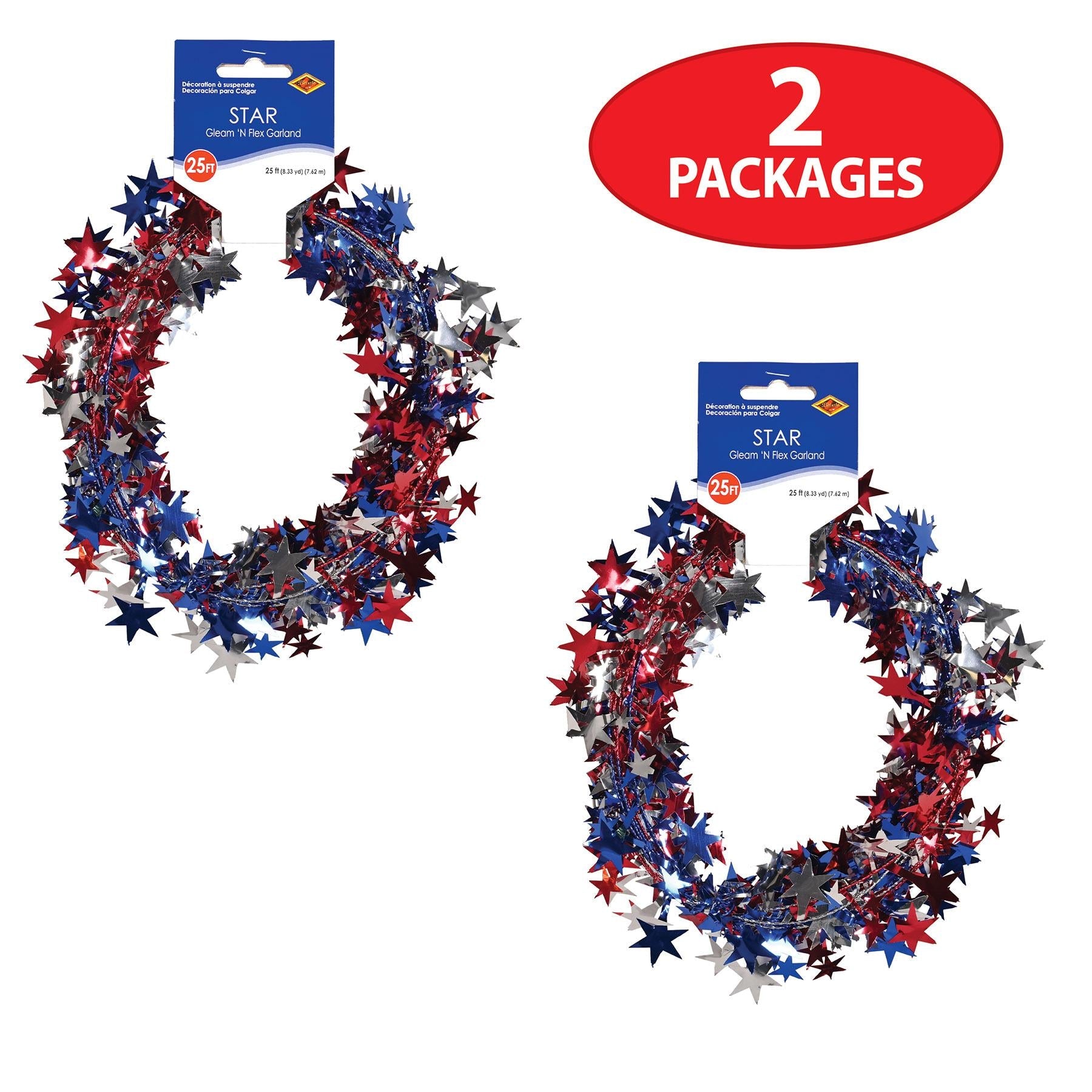12 Pack Beistle Gleam 'N Flex Star Party Garland - Red, Silver, Blue Wire Decorations for Christmas, Birthday, Wedding & Holiday Celebrations