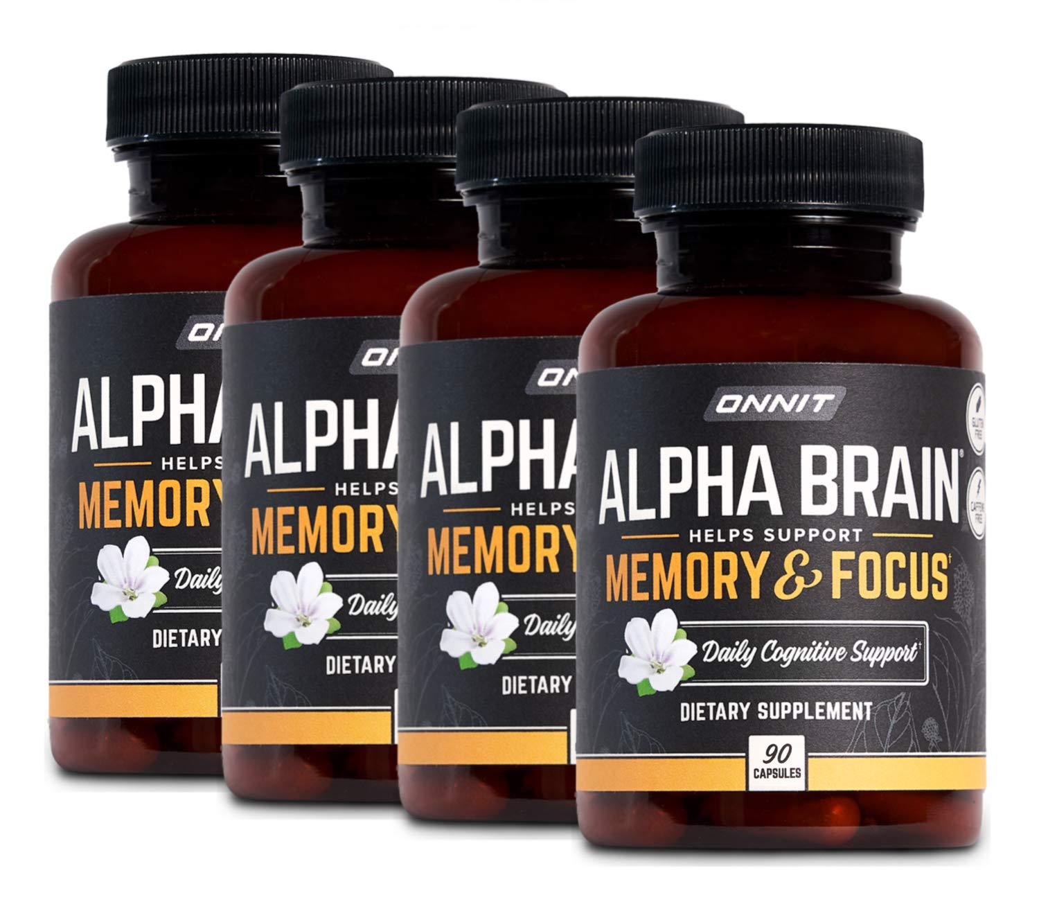 ONNIT Alpha Brain Premium Nootropic Supplement for Focus & Memory - Caffeine-Free Brain Booster for Men & Women - 90 Capsules (Pack of 4) - Ideal for Studying, Work Productivity & Mental Clarity