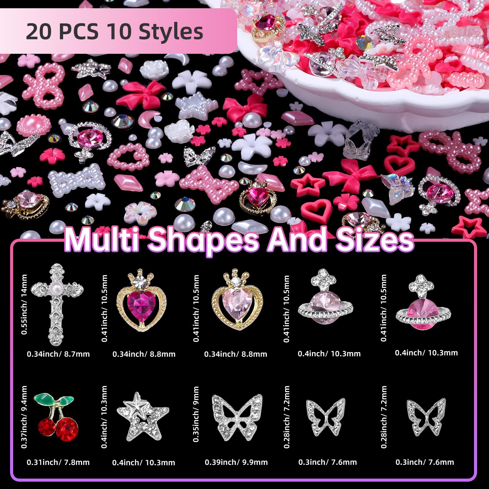 Tatiwoo 1200 Pcs 3D Nail Charms Kit - White & Pink Nail Art Decorations with Bows, Flowers, Bears, Butterflies & AB Rhinestones for DIY Manicure & Nail Jewelry | Perfect for Home Salon, Party Nails, Gift Giving