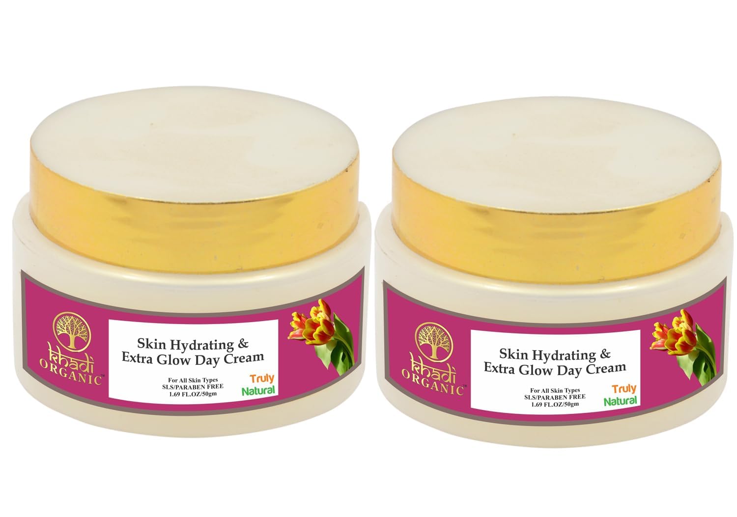 Khadi Organic Skin Hydrating & Extra Glow Day Cream 50g - Natural Vegan Moisturizer for Radiant & Glowing Skin | Paraben-Free, Cruelty-Free | Pack of 2 | Perfect for Daily Hydration & Brightening Skin Care Routine