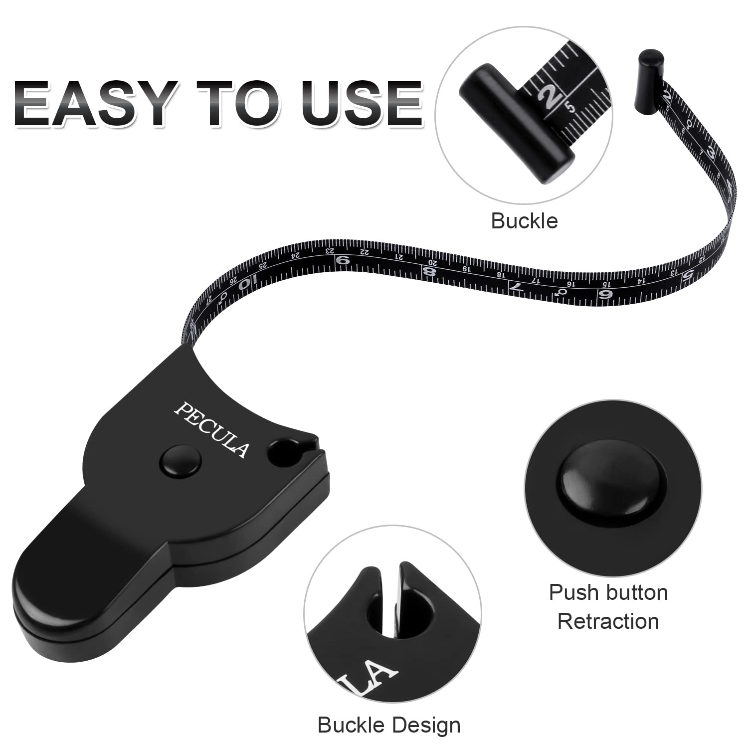 60 Inch Body Measuring Tape with Lock Pin & Push Button Retract - Soft Flexible Sewing Tailor Tape Measure for Weight Loss, Fitness & Body Measurements (Black) - Perfect for Home Use, Gym & Tailoring