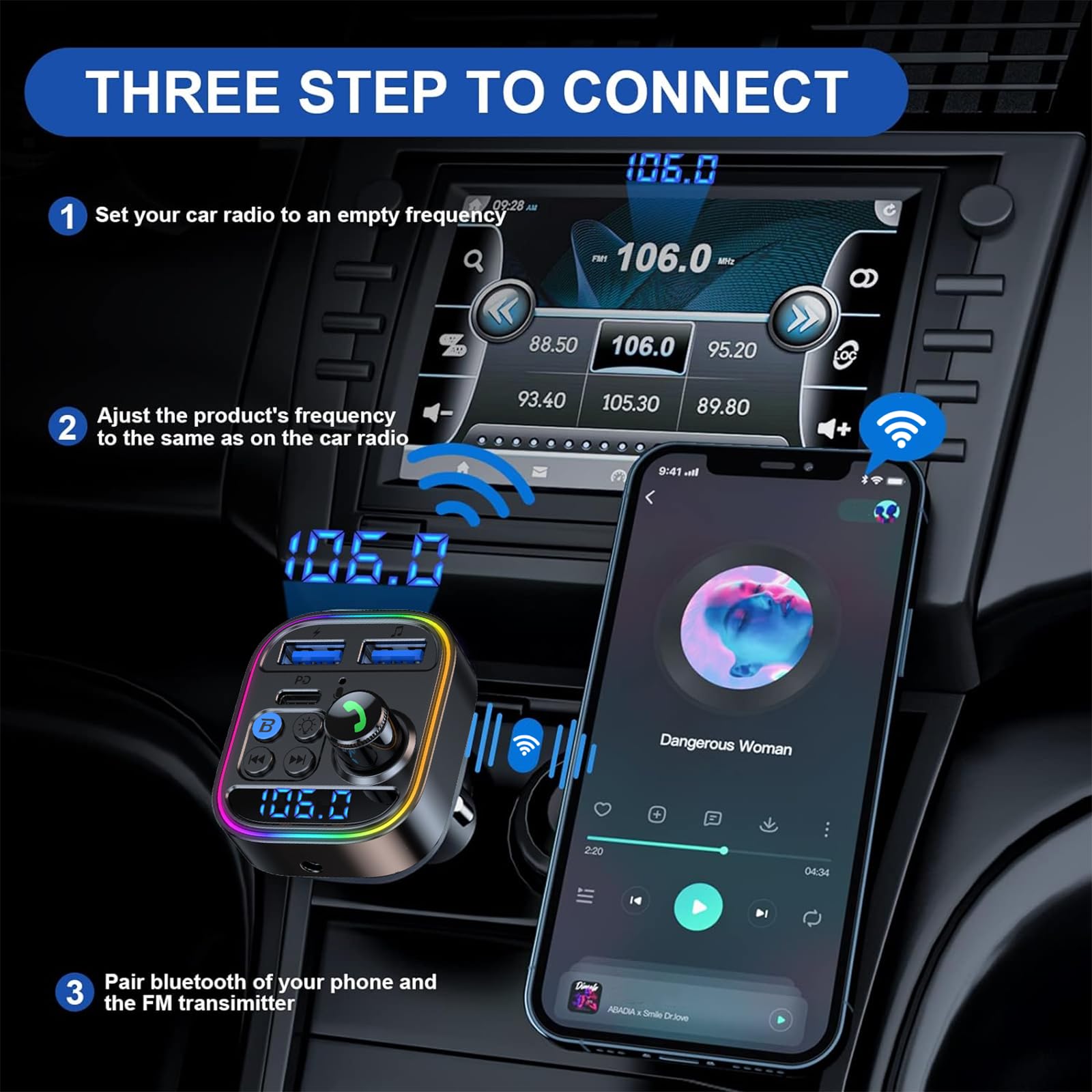Bluetooth Car Adapter with Wireless FM Transmitter, AUX Audio Receiver, Hands-Free Calling, MP3 Player & Dual USB Charger (QC3.0 & Type-C PD) - Perfect for Road Trips, Commuting & Music Streaming in Your Vehicle