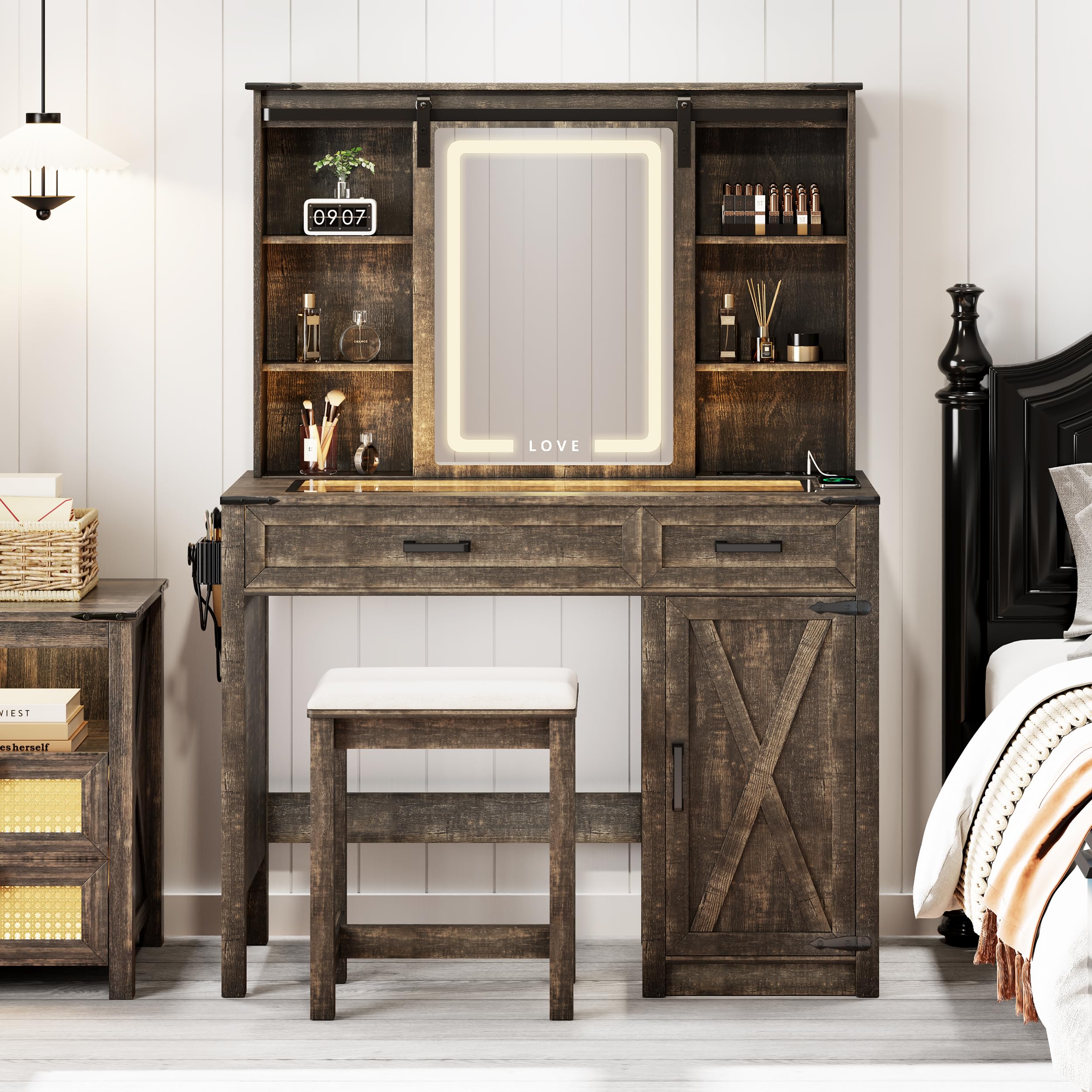 Farmhouse Makeup Vanity with Charging Station & Stool - Sliding Mirror, 3-Level Brightness Lights, Large Storage Glass Top Dressing Table with Drawers & Shelves for Women & Girls (Dark Oak) - Perfect for Bedroom, Dorm, Apartment & Beauty Salon