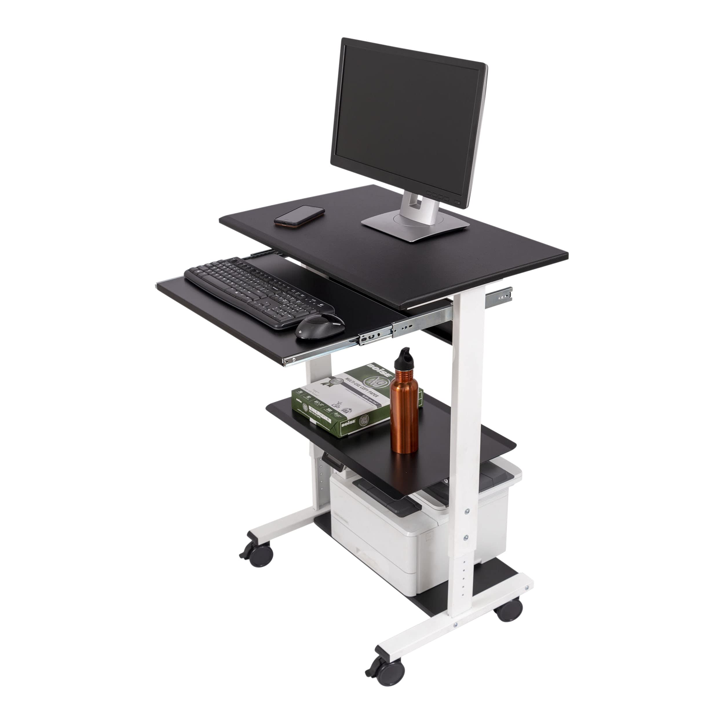 Adjustable Height Standing Desk with Wheels - Mobile Rolling Sit Stand Workstation with Printer Shelf & Slideout Keyboard Tray (White Frame/Black Top, 30