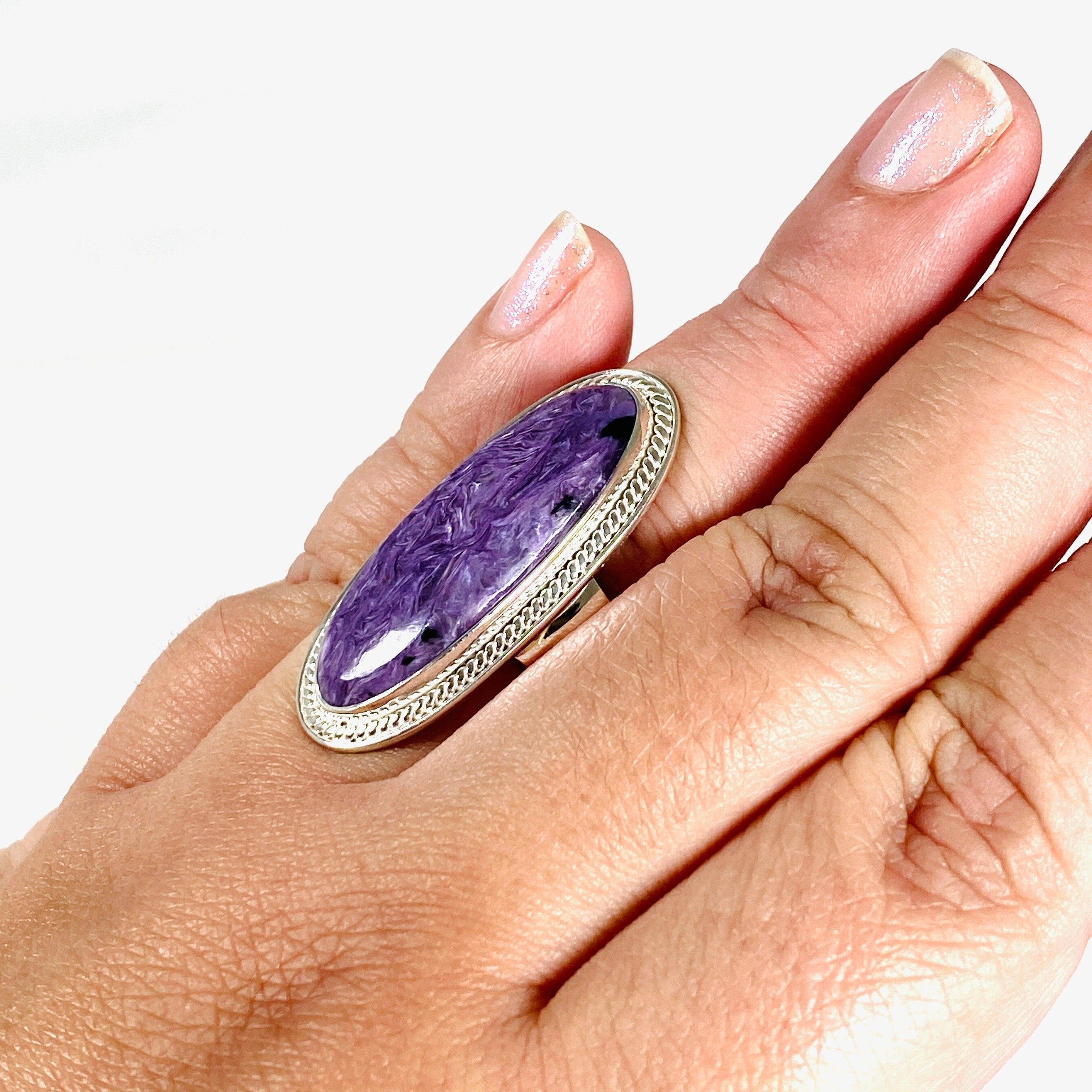 Charoite Oval Ring - Size 10 - KRGJ3049 - Elegant Purple Gemstone Jewelry for Women - Perfect for Weddings, Parties & Special Occasions
