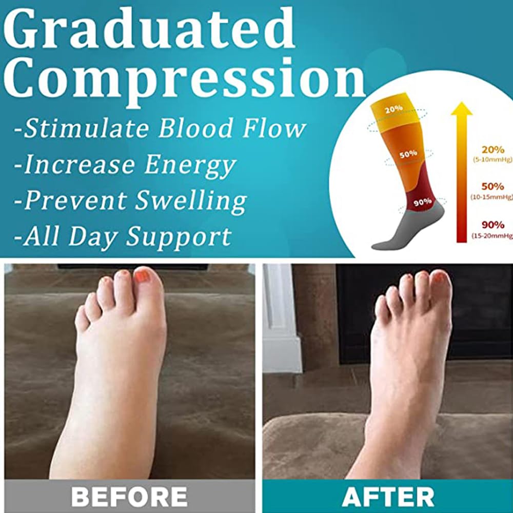 6 Pairs Women's Graduated Compression Socks 8-15mmHg - Improve Circulation for Travel, Work & Recovery