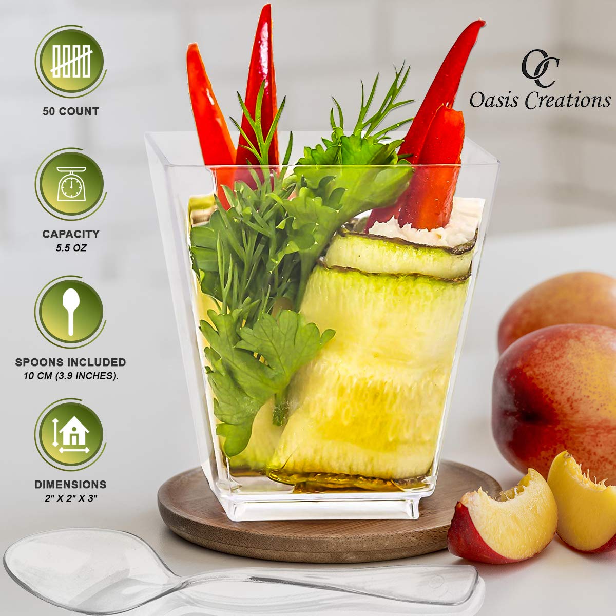 5.5 oz Clear Square Plastic Dessert Cups - 350 Count with Spoons - Disposable or Reusable Appetizer, Parfait & Tasting Cups for Parties, Catering & Events - Perfect for Ice Cream, Yogurt, Salads & Snacks