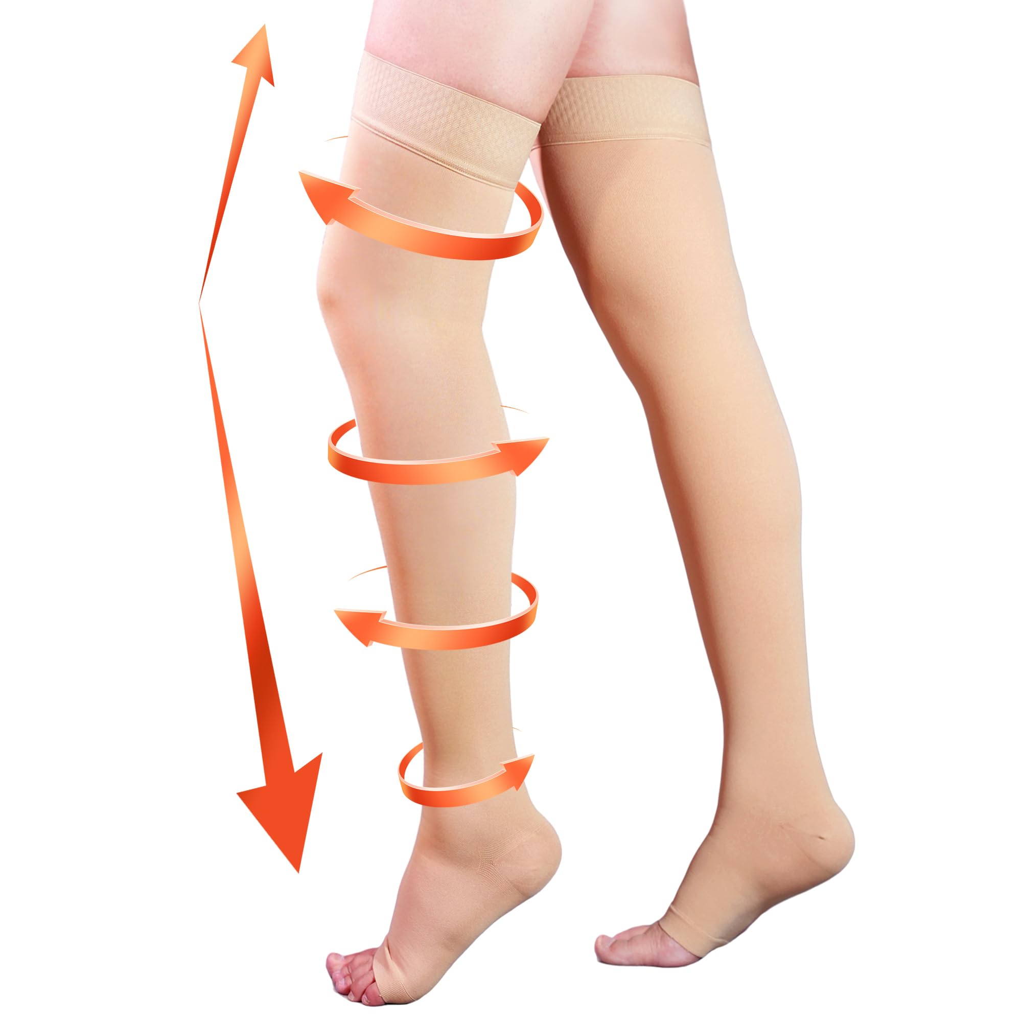 20-30 mmHg Thigh High Compression Stockings for Women & Men - Open Toe with Silicone Dot Band - Ideal for Varicose Veins, Swelling Relief & Long Flights