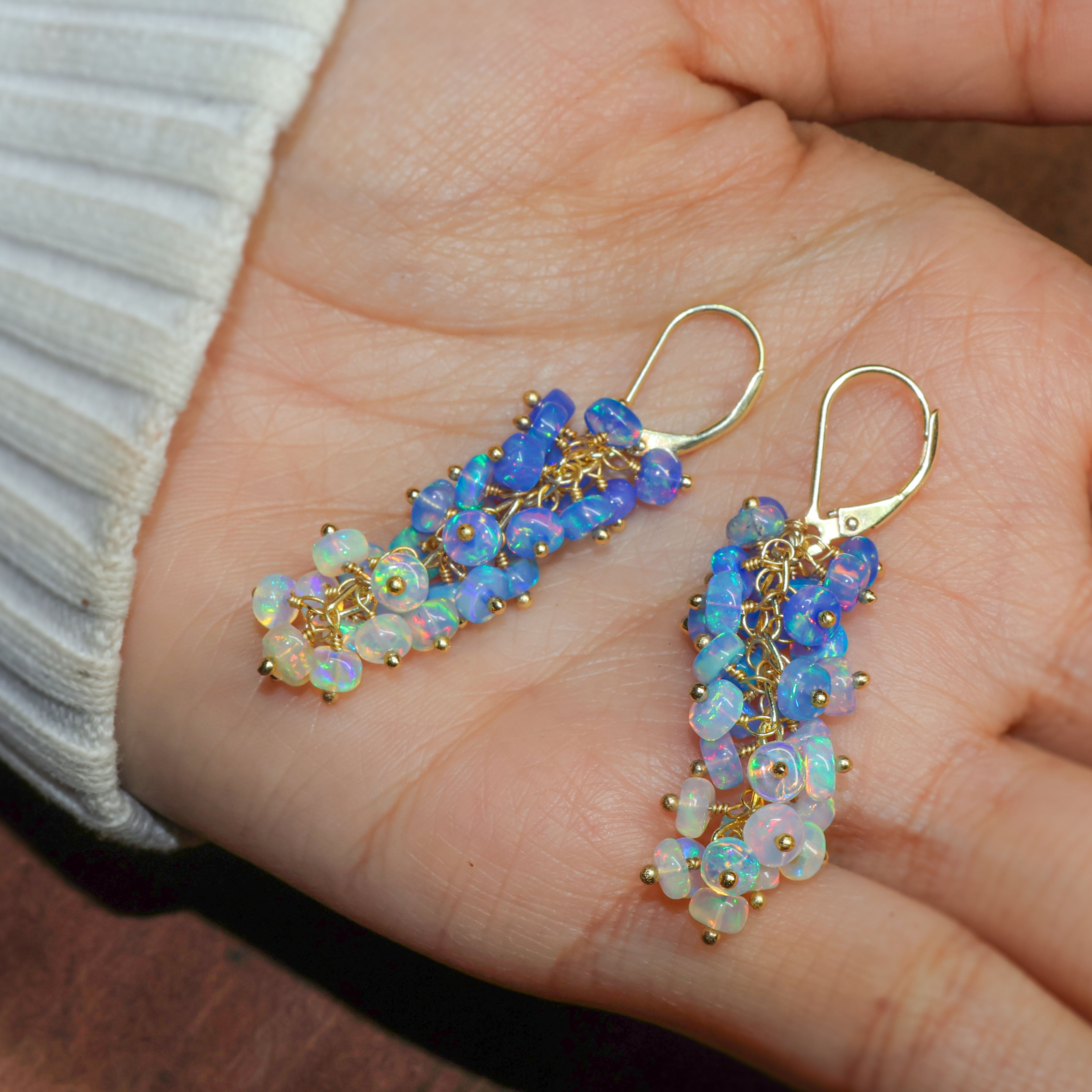 Natural Blue Opal Shaded Beaded Cluster Handmade Dangle Earrings for Women | Boho Chic Jewelry Gift for Bridesmaids, Wedding & Special Occasions