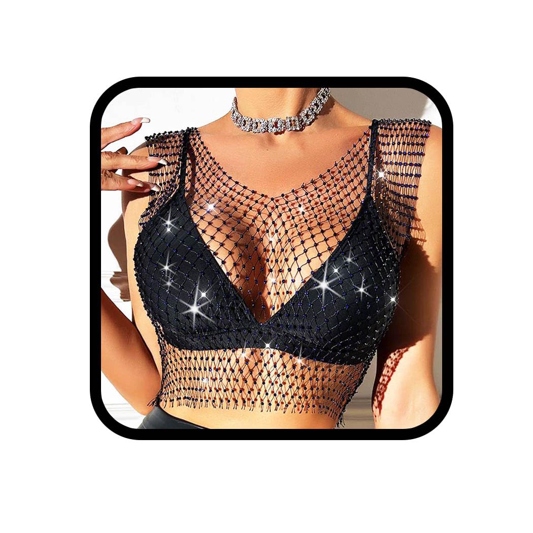 GRAEEN Women's Mesh Rhinestone Crop Top - Sleeveless Crystal Bra Chain Underwear, Elastic Hand-Woven Fishnet Bikini Top for Nightclub, Beach Party & Festival (Black) | Sexy Body Chain Jewelry for Women