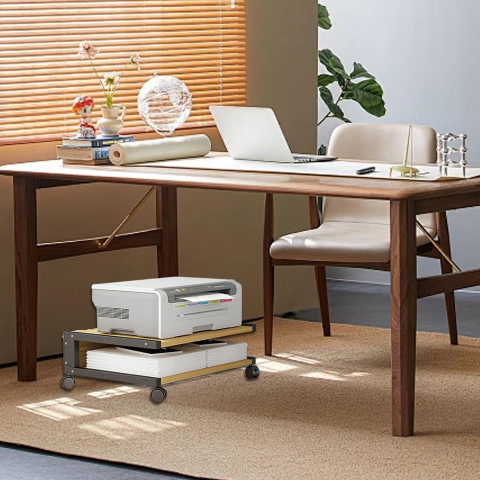Adjustable Rolling Printer Stand with Storage - Mobile Desk Organizer with 4 Lockable Wheels for Home Office, Bedroom or Study - Perfect for Printer, Scanner & Office Supplies Organization