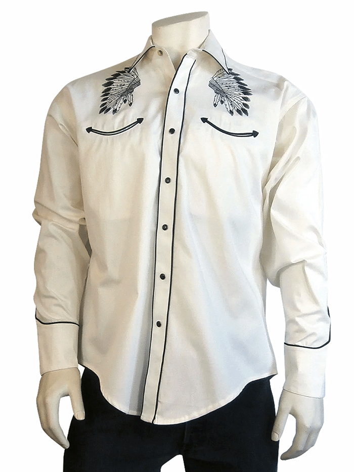 Rockmount 6874 Men's Gabardine Warbonnet Embroidered Western Shirt - Ivory - Perfect for Cowboy Rodeo, Country Music Festivals & Western Style Outfits
