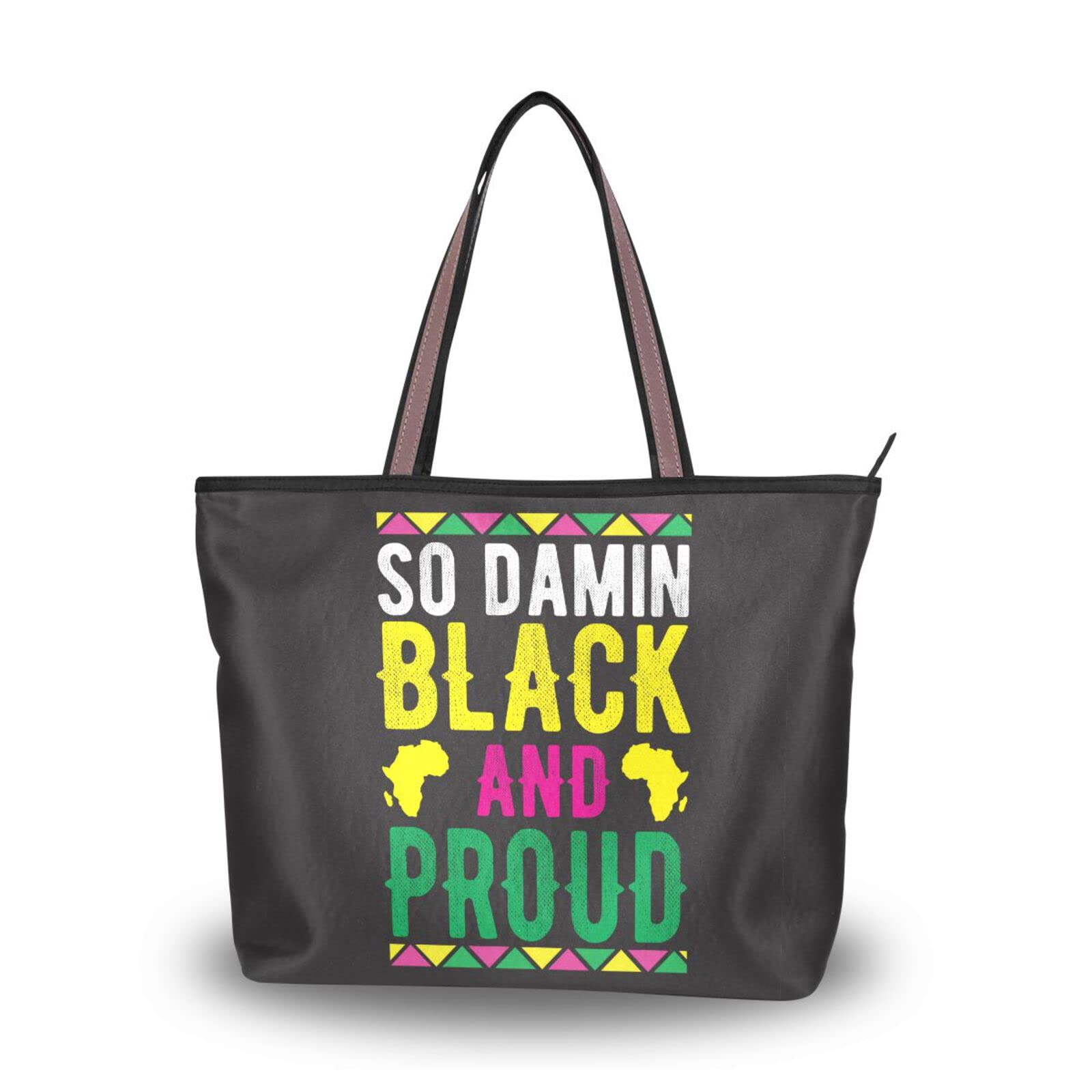 Black Tote Bag with Proud Print - Large Capacity Zippered Women's Grocery Bag for Daily Use (2 Sizes) - Perfect for Shopping, Work, and Travel