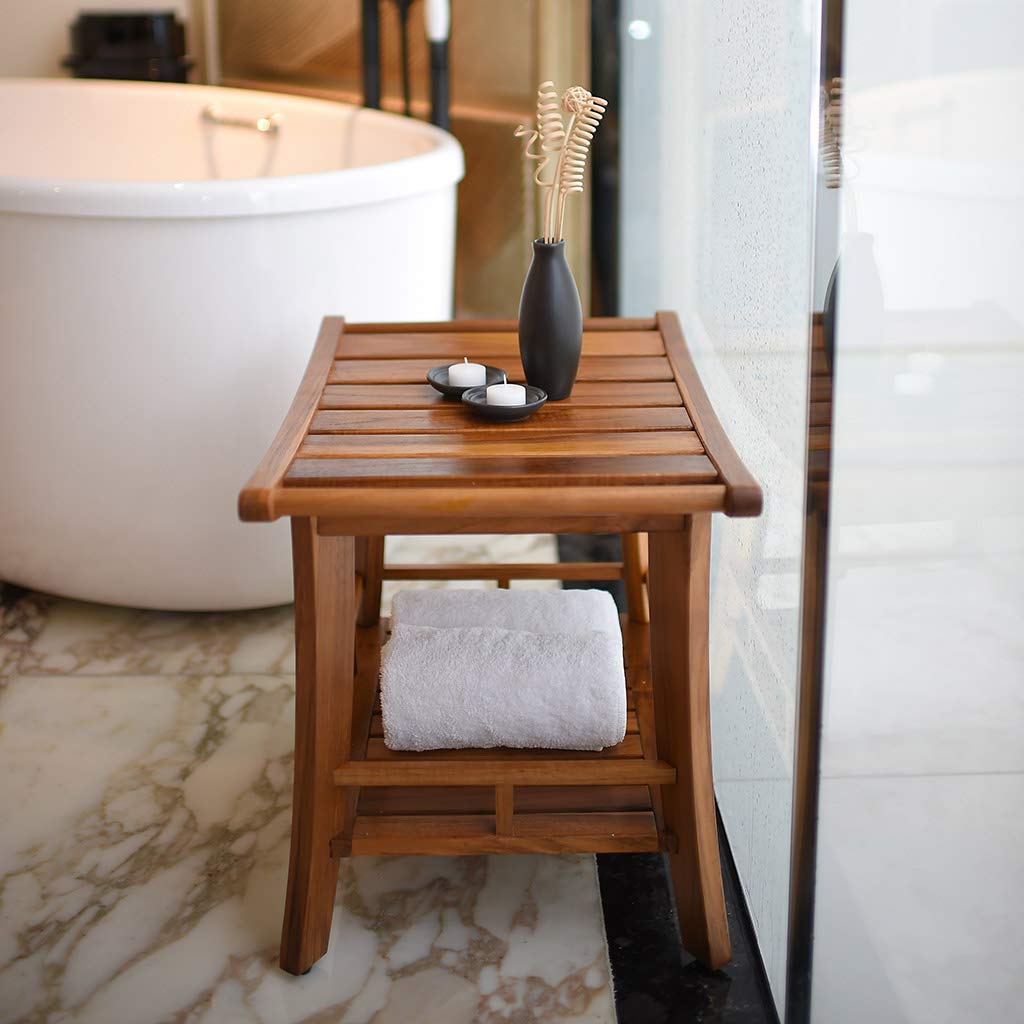 Cambridge Casual Teak Wood Estate Shelf - Natural Brown Shower Bench | Rustic Bathroom Decor, Spa Seating & Entryway Storage Solution