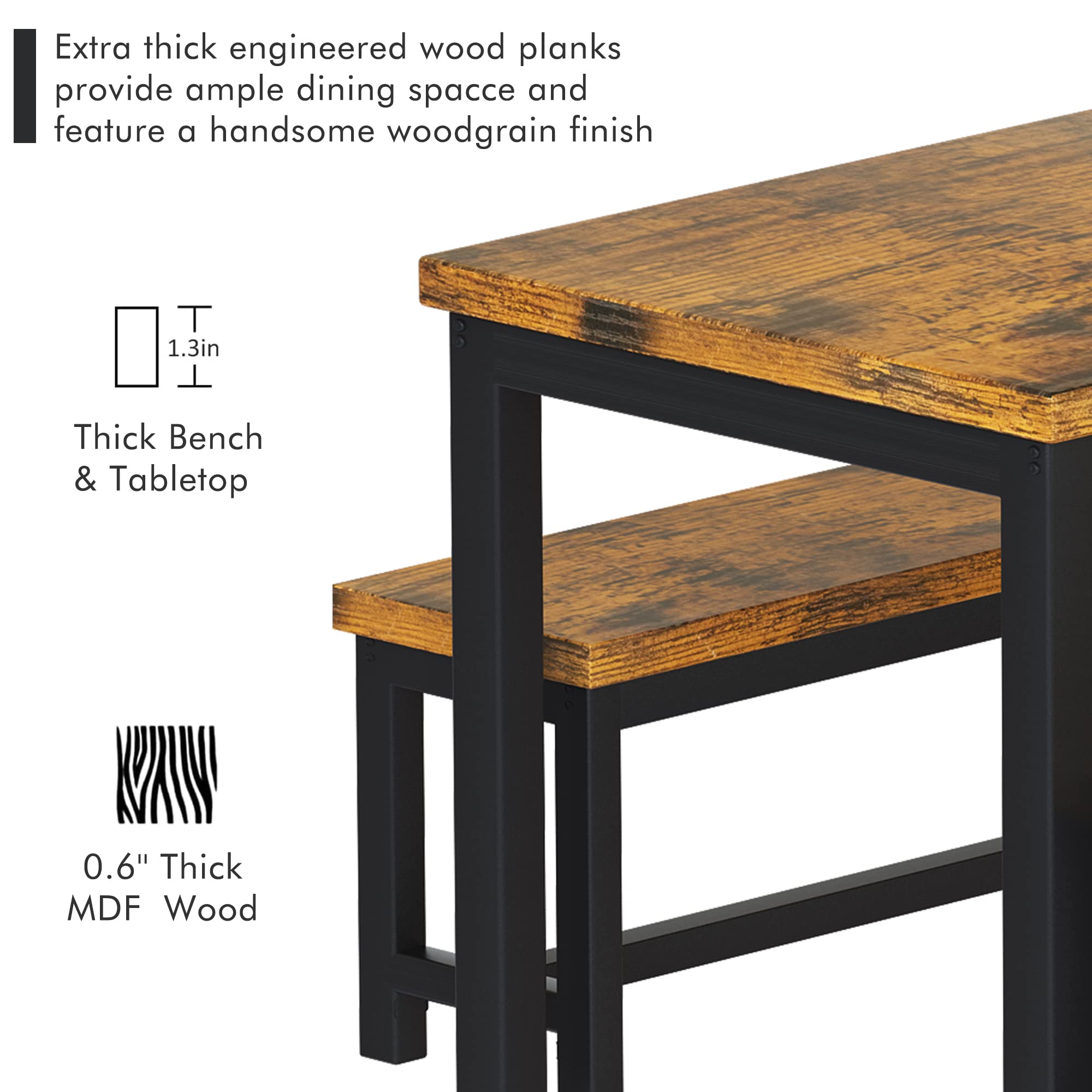 Hooseng 4-Piece Dining Table Set with 2 Benches - 47 Inch Space-Saving Kitchen Table & Chairs for Small Families - Heavy Duty Sturdy Metal Frame in Brown - Perfect for Breakfast Nooks, Small Apartments & Cozy Dining Spaces