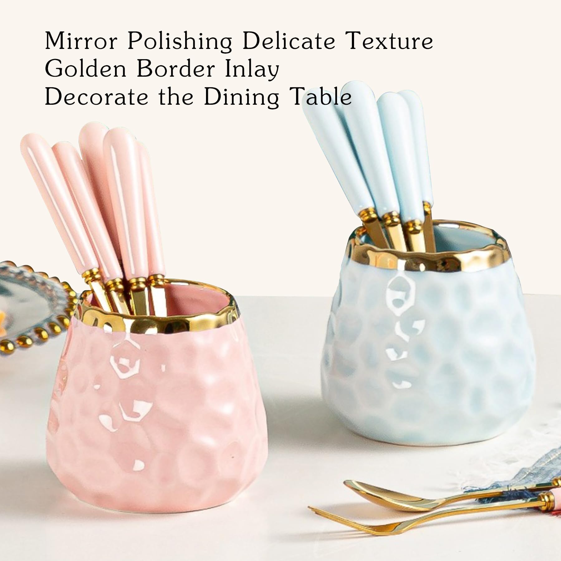Ceramic Dessert Fork Set - 8 Small Forks for Fruit, Cake & Party (Pink Jar) - Perfect for Camping & Picnics