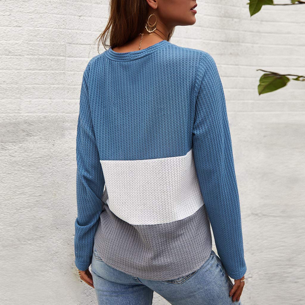 FarJing Women's Waffle Knit Tunic Blouse - Patchwork Knot Long Sleeve Henley Top with Triple Color Block Design | Casual Wear, Office Outfit & Fall Fashion T-Shirt
