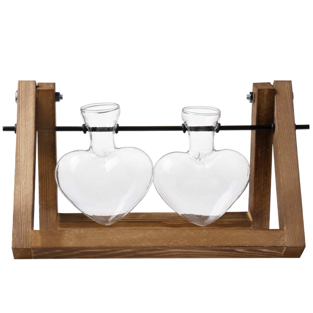 Retro Wooden Stand Glass Desktop Planter with 2 Hearts - Indoor Plant Terrarium Vase for Home, Office Desk Decor | Perfect for Succulents, Air Plants & Small Flowers